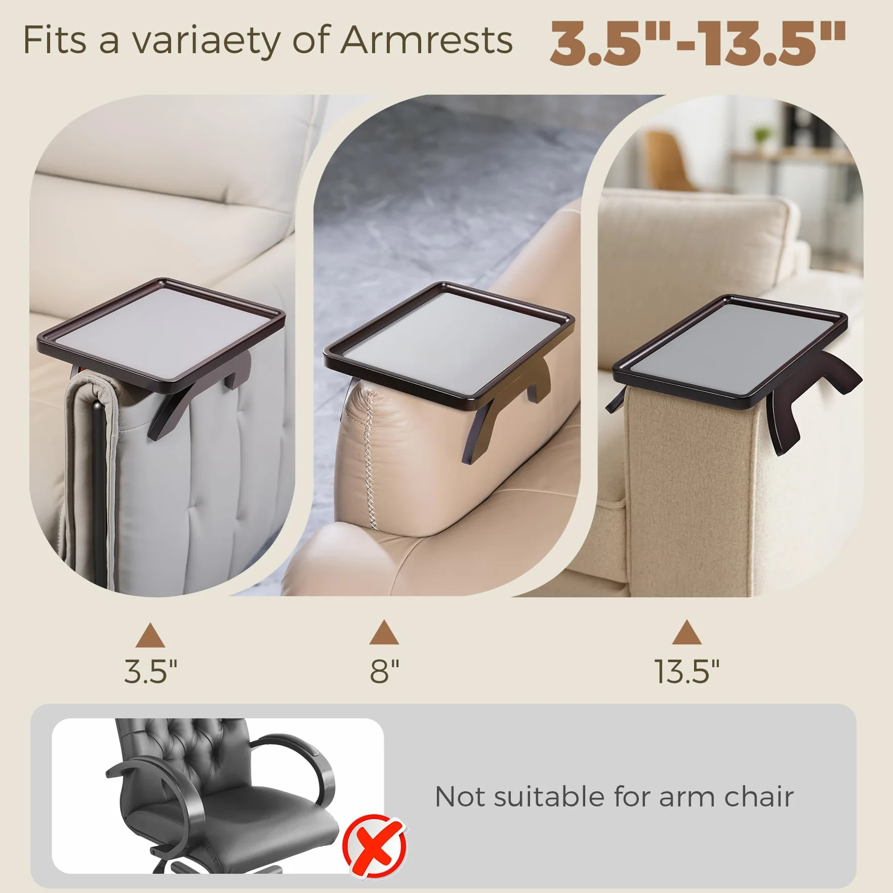 Mesa con reposabrazos de bambú natural para sofá, para bebidas, aperitivos, comer, control remoto, bandeja para brazo de sofá (marrón)