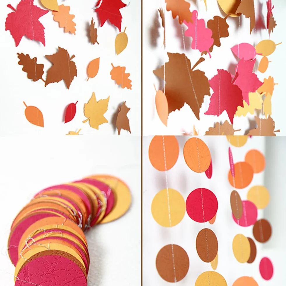 Decoraciones de Fiesta de Otoño: Abanicos de Papel Naranja y Burdeos, Pompones Amarillos, Faroles, Guirnalda de Hojas de Arce, Lunares Circulares para Cosecha, Cumpleaños