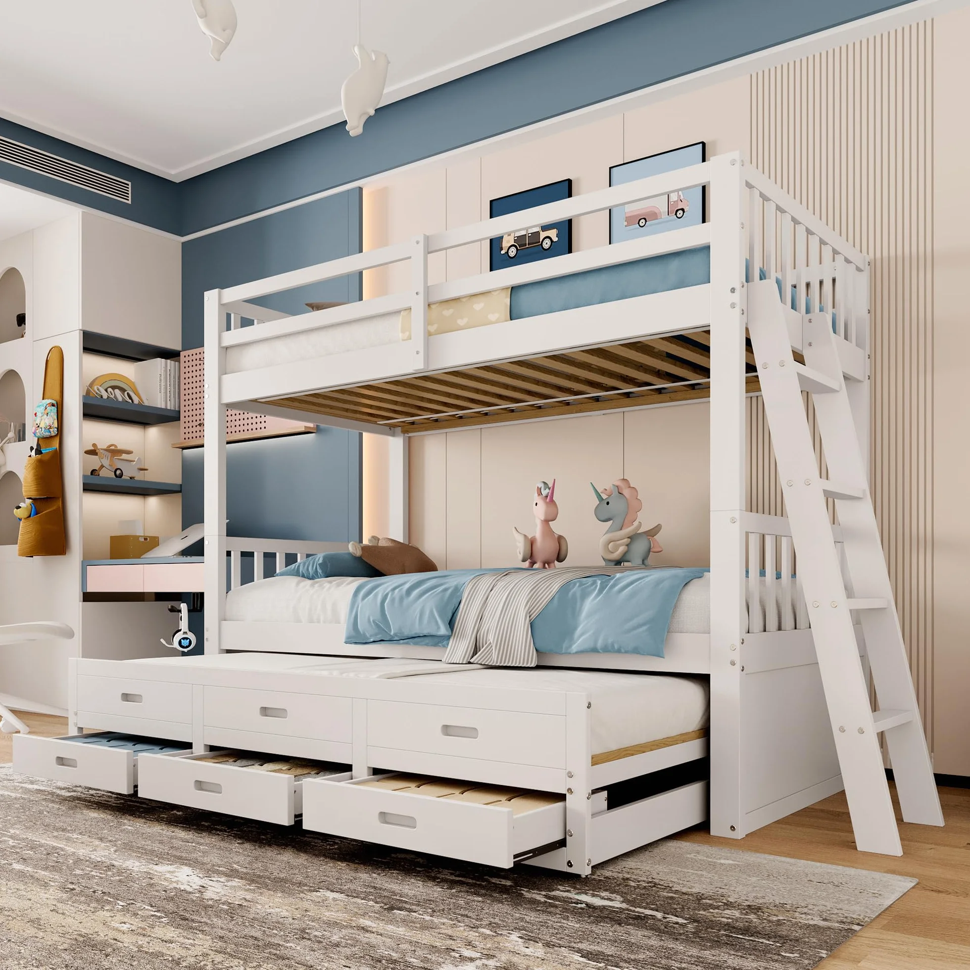 Litera de 90x200cm con Escalera Cama Nido Espacio de Almacenamiento de 3 cajones Cama Alta para 3 Personas Cama Familiar Estructura de Pino y MDF Cama de Invitados sin colchón Blanco