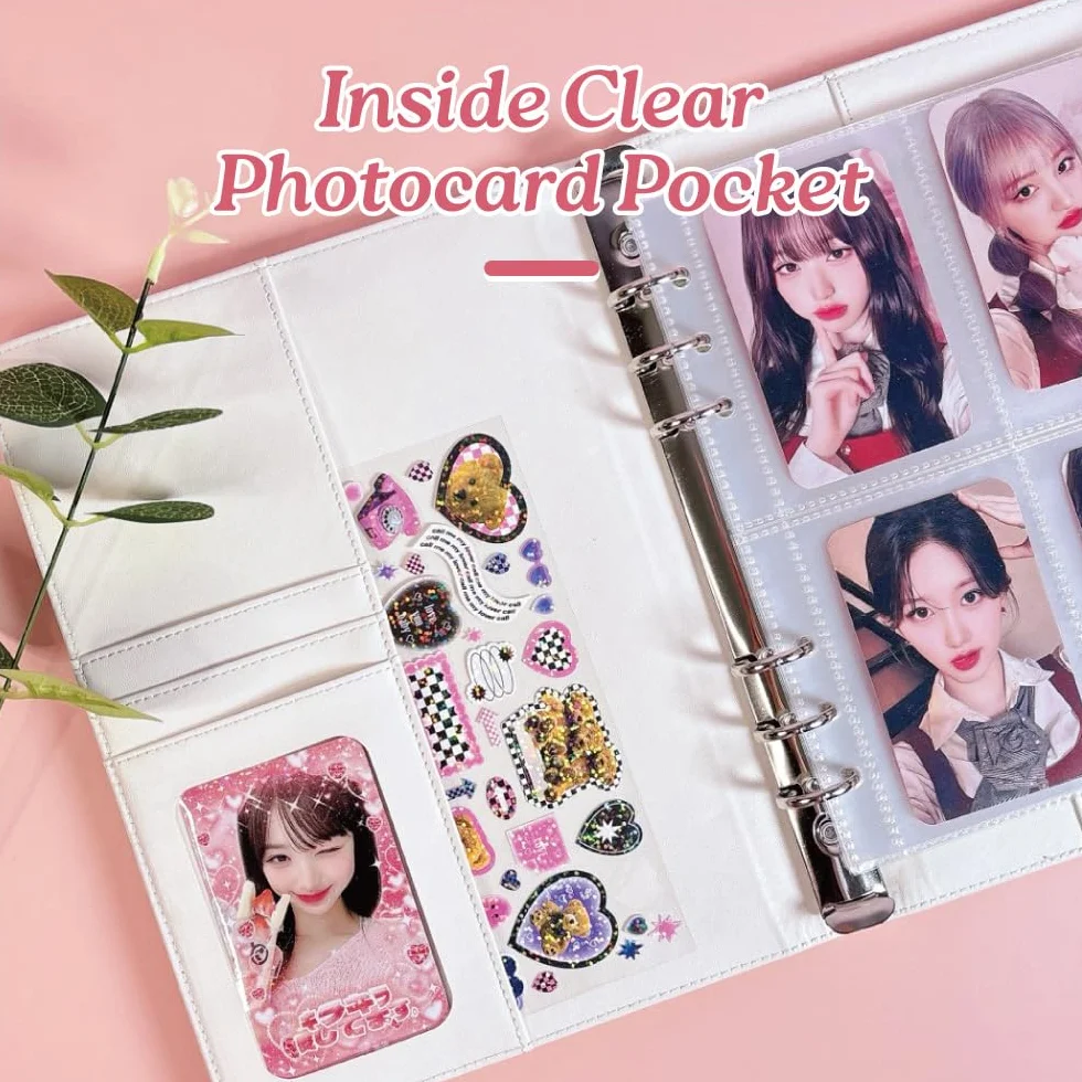 Carpeta A5 Kpop para tarjetas fotográficas con 240 bolsillos, álbum para tarjetas fotográficas con 30 fundas de doble cara para tarjetas fotográficas, 6 anillas de piel sintética, bonito libro