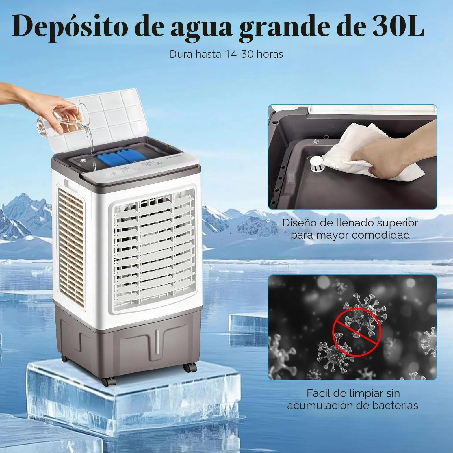 Climatizador Evaporativo 30L, Ventilador de Agua con Mando a Distancia y Acumuladores de Hielo, Potente Flujo de Aire, Enfriador Evaporativo Portátil para Grandes Espacios, Salón y Garaje