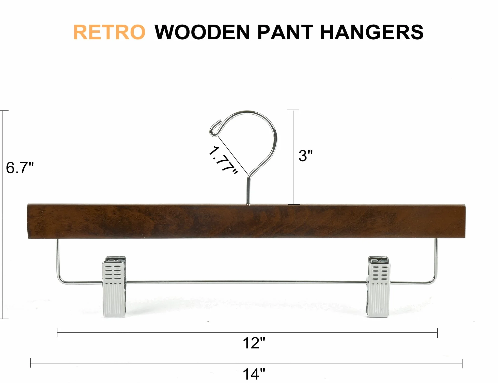 Amber Home Paquete de 24 perchas de madera de nogal con clips ajustables, 14 pulgadas | Perchas de madera para faldas y pantalones, perchas de armario para parte inferior, jeans, pantalones cortos