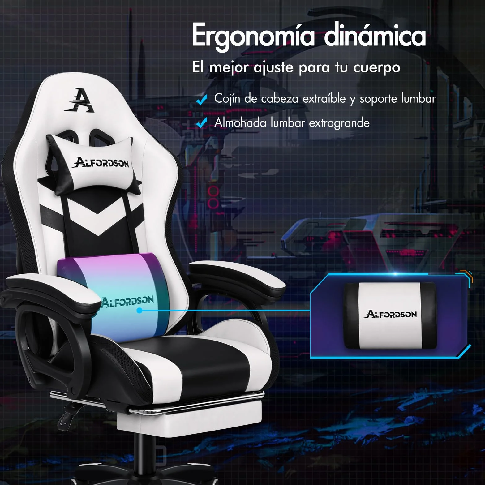ALFORDSON Silla Gaming con Masaje y LED, Silla Gamer Ergonómica con Cojín Lumbar y Cervical, Reposapiés Telescópico, Iluminación para Ordenador, Videojuego, Juegos, Oficina, Cuero PU(Blanca)