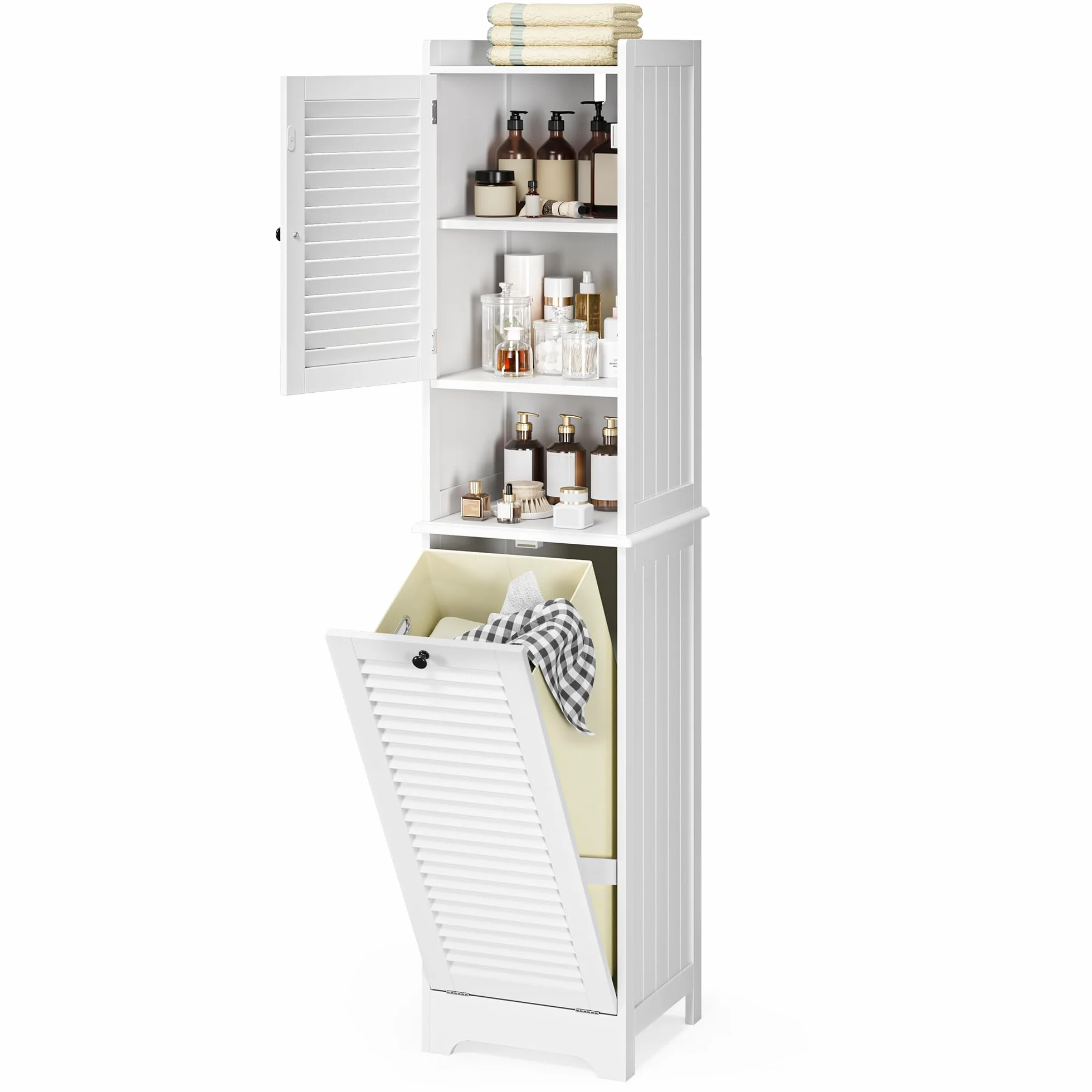 Xbro Mueble Baño con Cesto para Ropa, Armario Columna con Estantería y Puerta con Balda Ajustable, para Baño Pequeño, 40 x 170 x 37 cm, Blanco