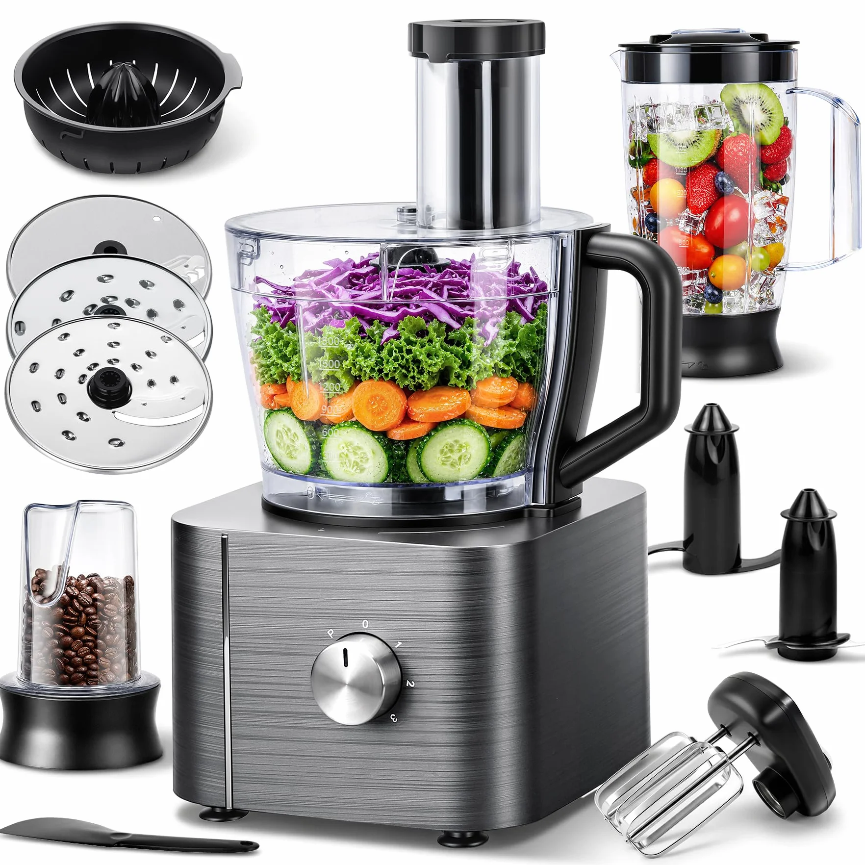 TopStrong Procesador de Alimentos, 800W Robot de Cocina, 3 Velocidades y Pulse, Recipiente de 2L, Incluye 3 Discos de Corte, Picadora, Amasadora y Batidor
