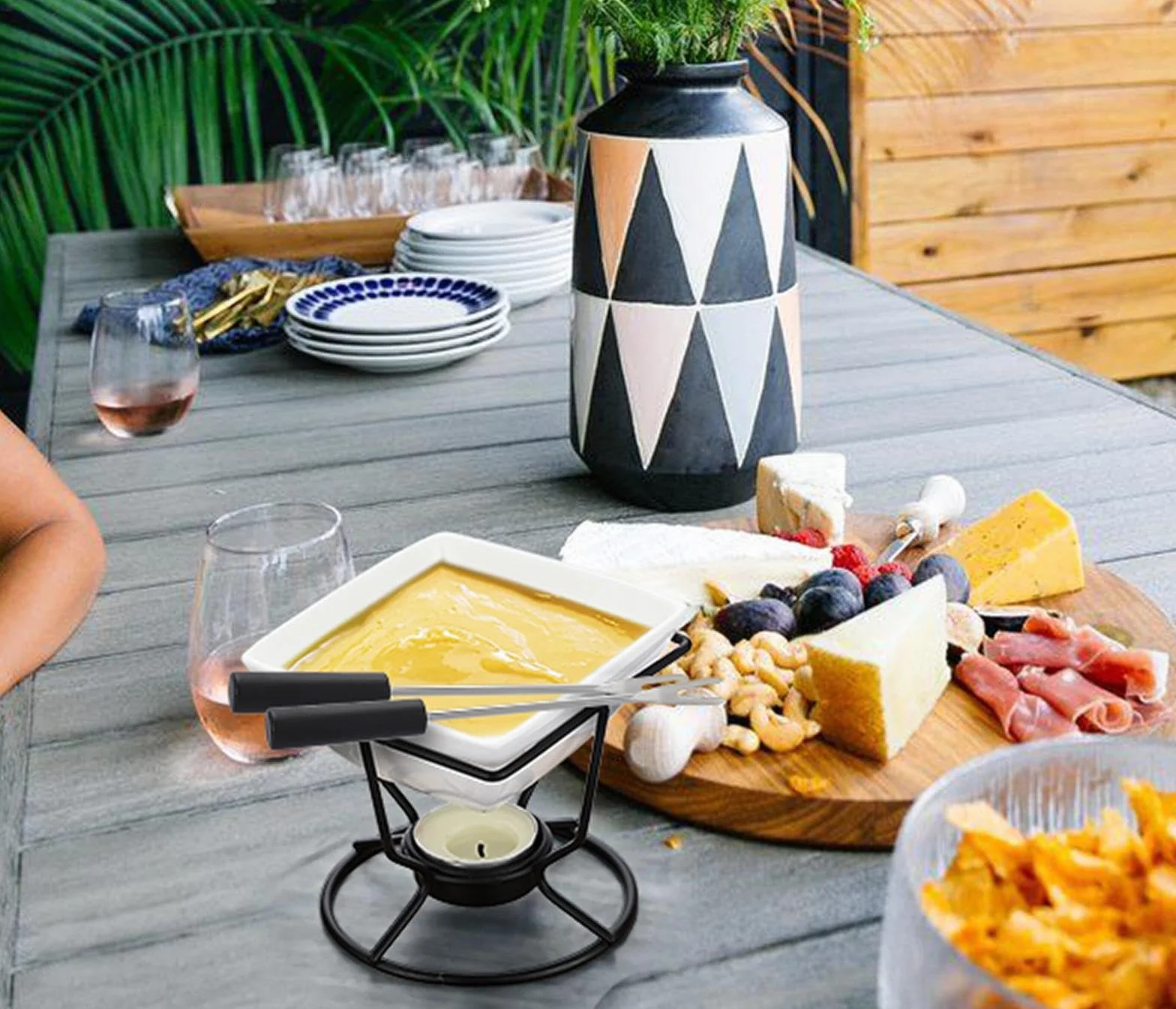 Juego de Fondue de Chocolate Cerámica Cuadrado Blanco 200ML con 2 Tenedores Soporte Redondo de Hierro Negro