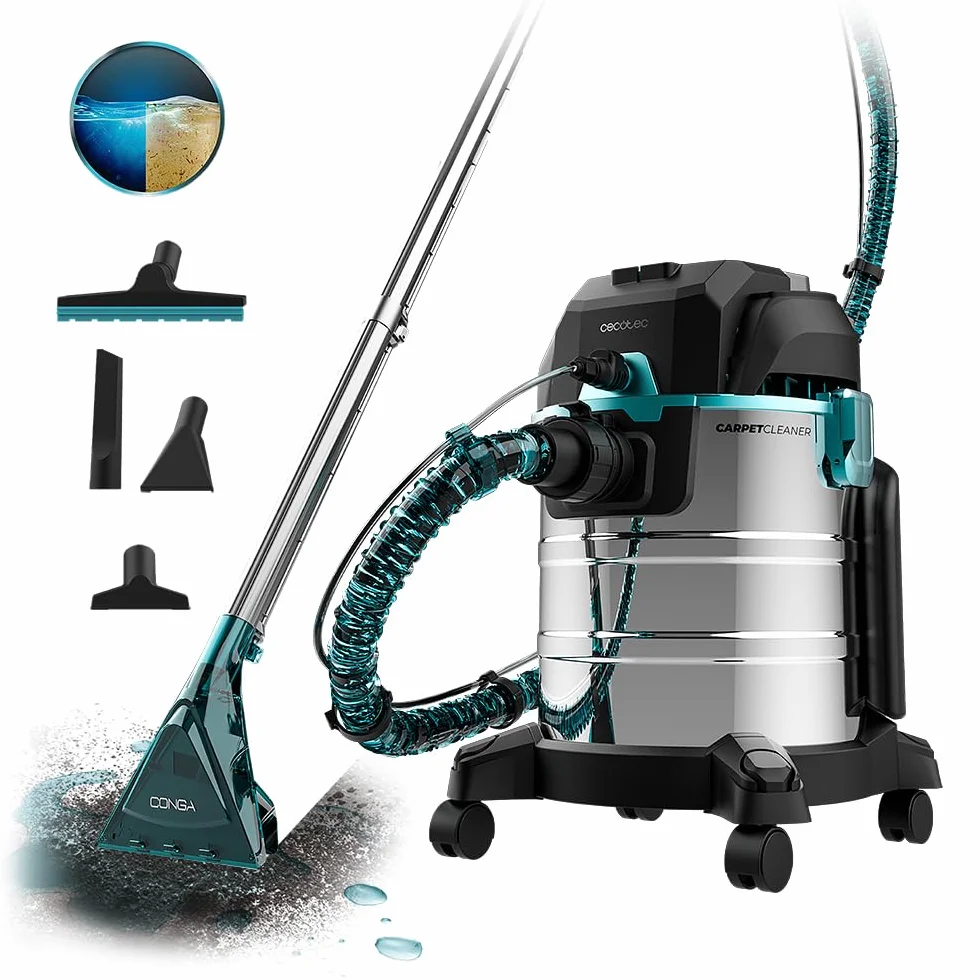 Cecotec Aspirador de Sólidos, Líquidos y Tapicerías Conga CarpetClean 20000 Pro. 1400 W, 22kPa, Gran Tamaño, 2 Tanques de 4 y 20 litros, Pulverizador, Radio de Acción 7 m, Filtro HEPA, Accesorios