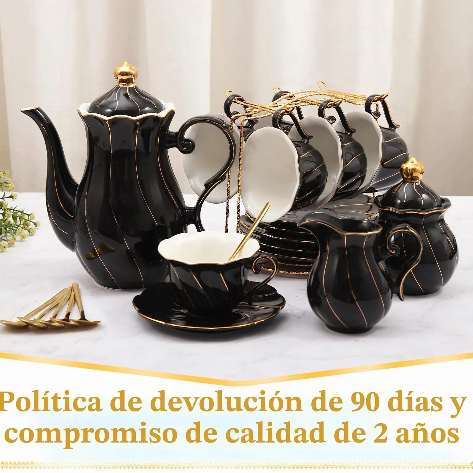 DUJUST Juego de té de porcelana de 22 piezas para 6, juego de tazas de té y café de estilo británico de lujo con borde dorado, hermoso juego de té para mujeres, juego de fiesta de té, paquete de