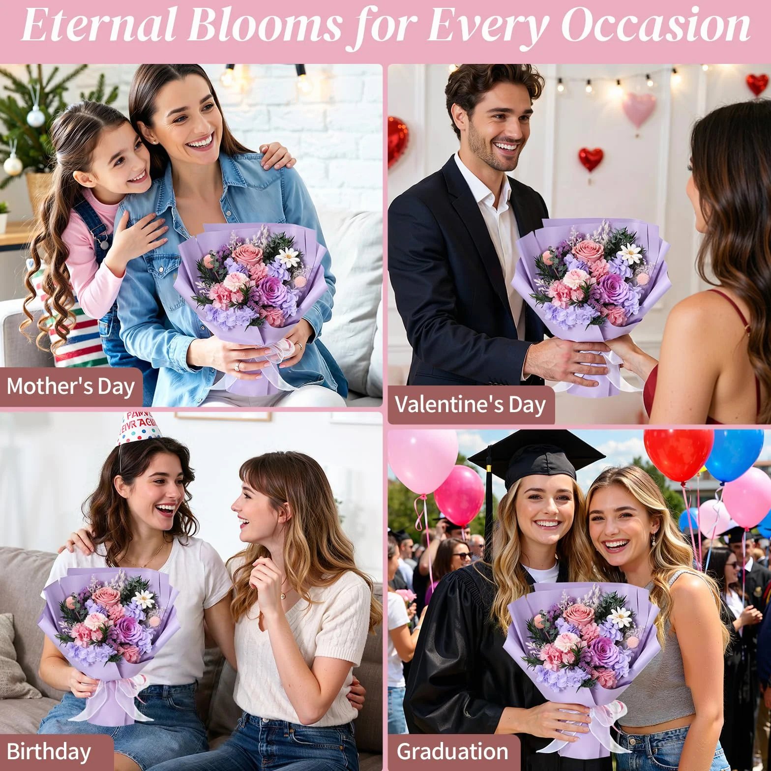 Lewondr Ramo de Flores Conservadas con Jarrón – 2 Rosas y Flores Reales, Morado