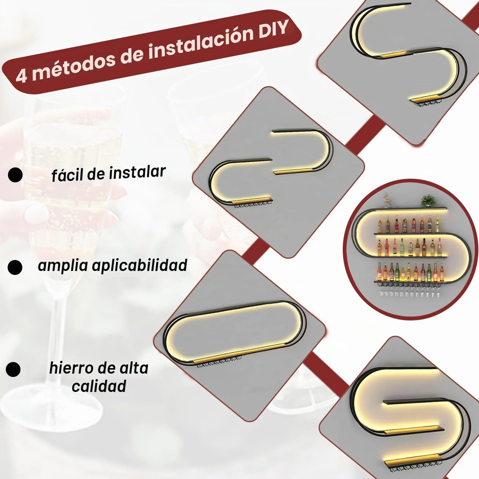 Botellero de Pared, Botellero Semicircular 4 Niveles Estante Bar Flotante con Ganchos para Copas de Vino, Estante Industrial de Metal para Exhibir Botellas Adecuado para Bar Decor (Negro, 120cm)