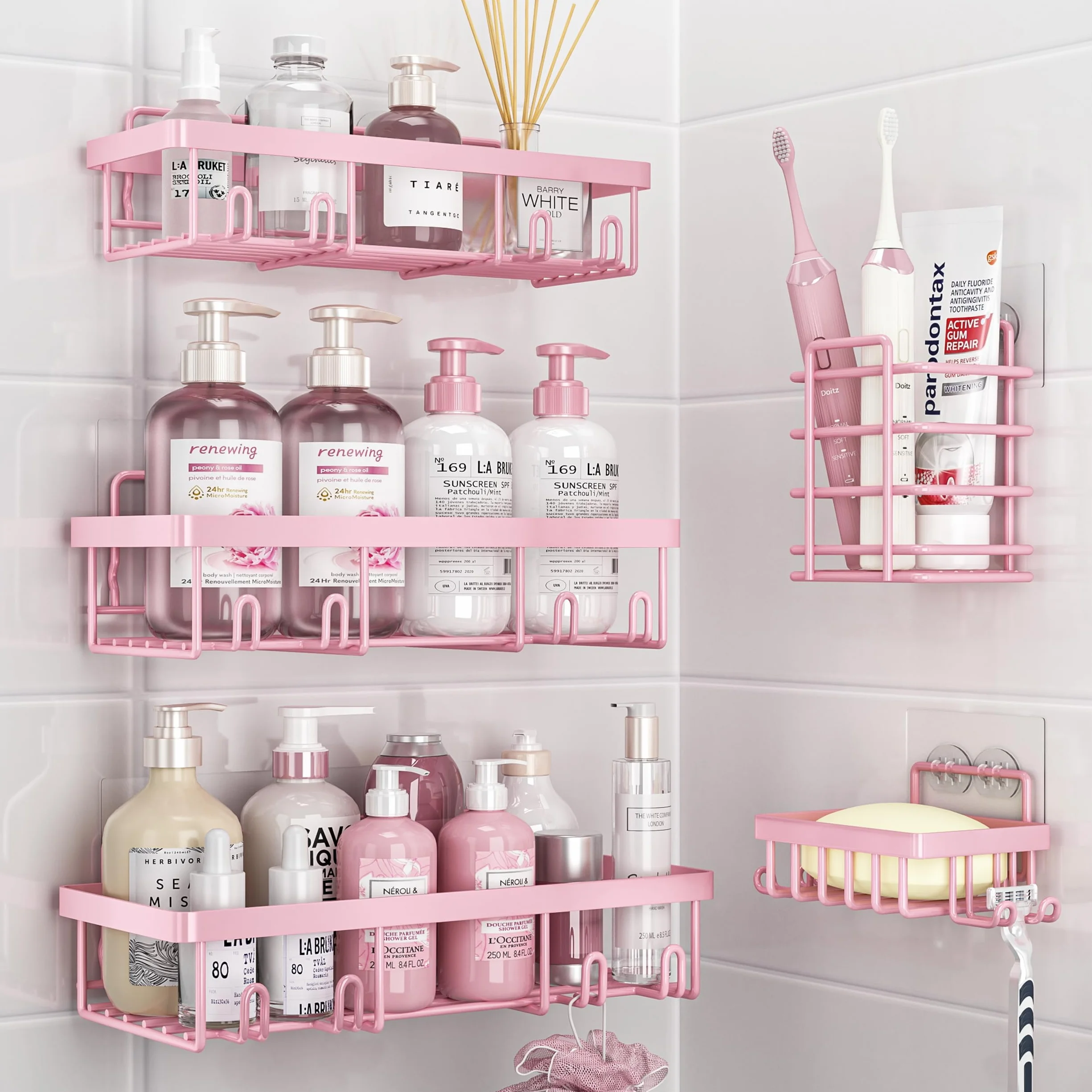 Liuoud Paquete de 5 estantes organizadores de ducha para regadera interior, cesta de almacenamiento adhesiva de pared de baño de acero inoxidable, soporte de champú de acero inoxidable, juego de
