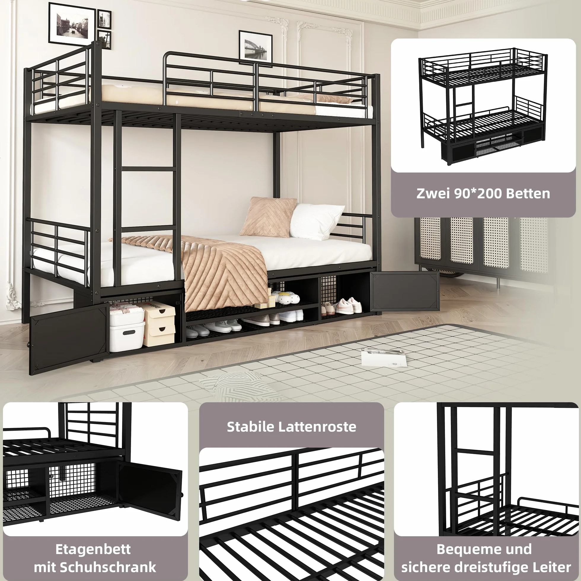 Cama litera de hierro, adecuada para niños y adolescentes, con escalera lateral y rejilla de protección, color negro, 90 x 200 cm