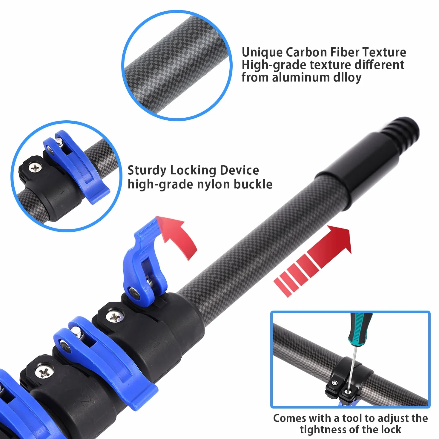 Palo Extensible de Fibra de Carbono 9,15m - Ultra Ligera y Resistente, Estable Sin Sacudidas en Extensión Máxima, Conector de Rosca Universal, Multiusos para Limpieza de Alturas, Piscinas y Pintura