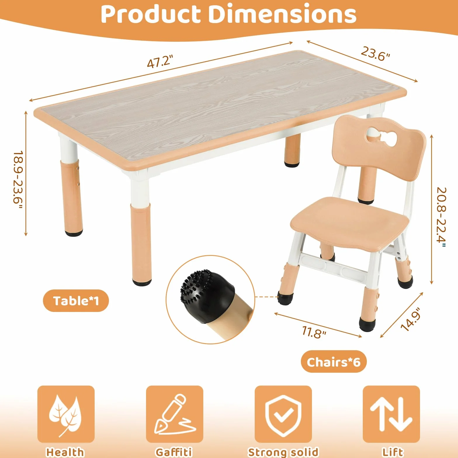 Clevich Mesa Infantil con 6 sillas, Juego de sillas para guarderías y Habitaciones Infantiles, Altura Regulable, Muebles Infantiles de plástico, Grupo de Asientos para niños y niñas, Amarillo