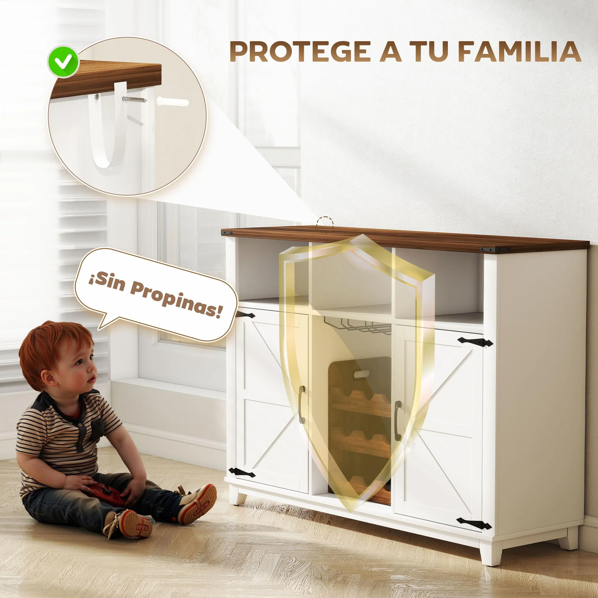 HOMCOM Aparador de Cocina con Botellero, 2 Puertas de Granero, Estantes Ajustables, Soporte para Copas para 9 Botellas, 120x37x88 cm Blanco