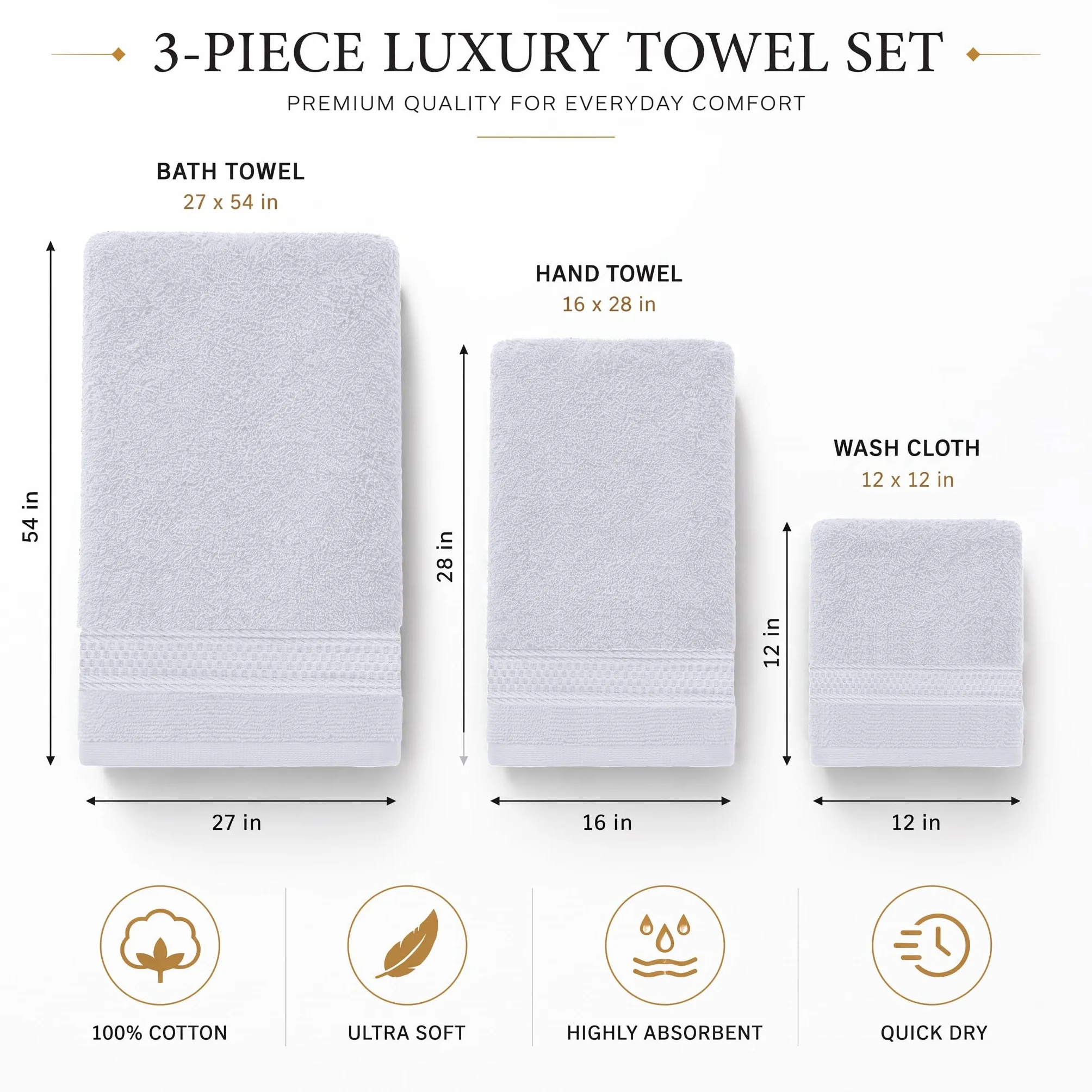Dan River Juego de 3 Toallas de baño de 100% algodón de Lujo, máxima Comodidad y absorción para baño, Juego de Toallas de baño de Lujo para el hogar y el SPA (27 x 54 Pulgadas),