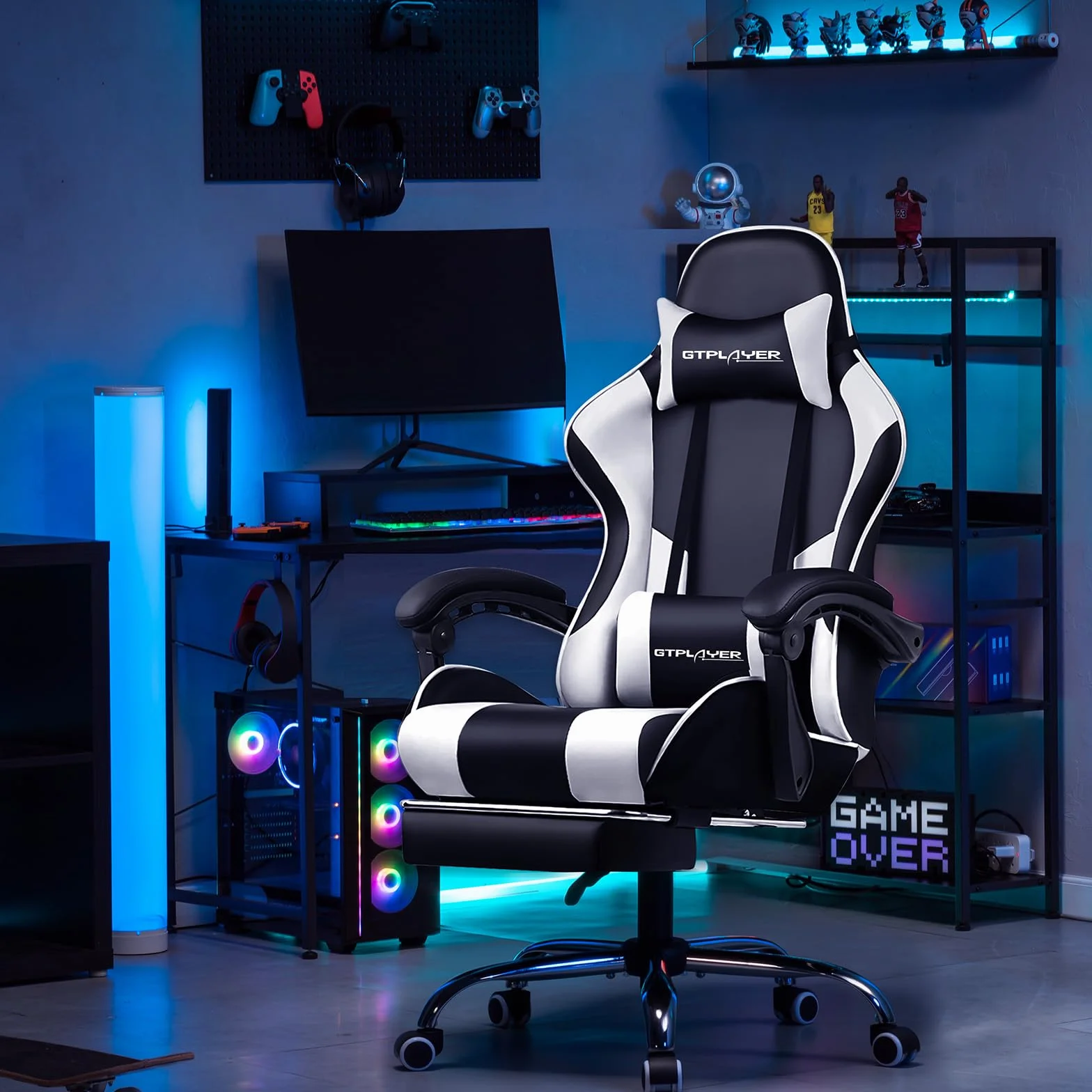GTPLAYER Silla de Oficina para Gaming, Masaje, sillón, Silla ergonómica para Gamer, con reposapiés, reposacabezas, cojín Lumbar, Acolchado, Silla giratoria, Color Blanco