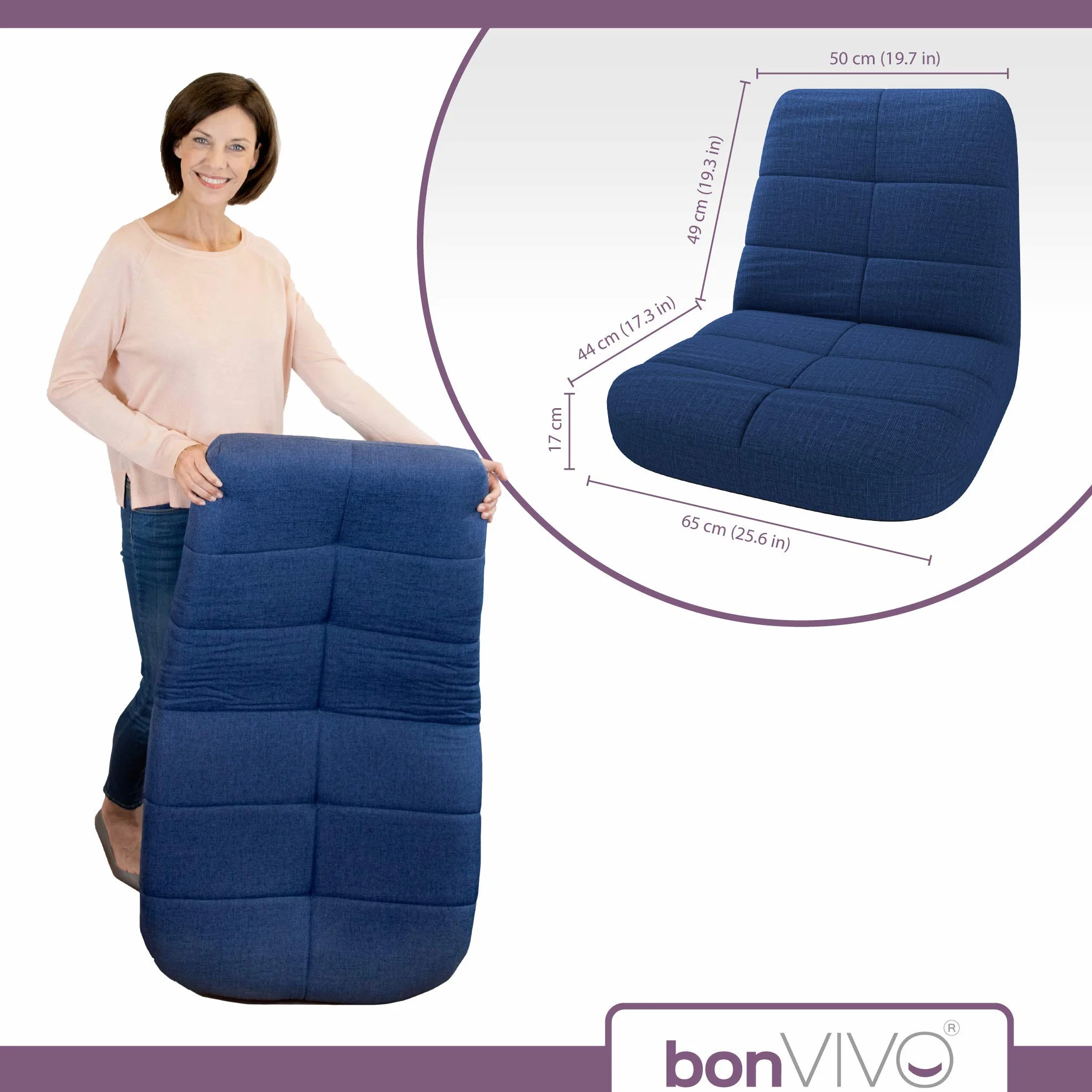 bonVIVO Easy Lounge Silla Suelo Plegable Reclinable 5 Posiciones Azul Gris