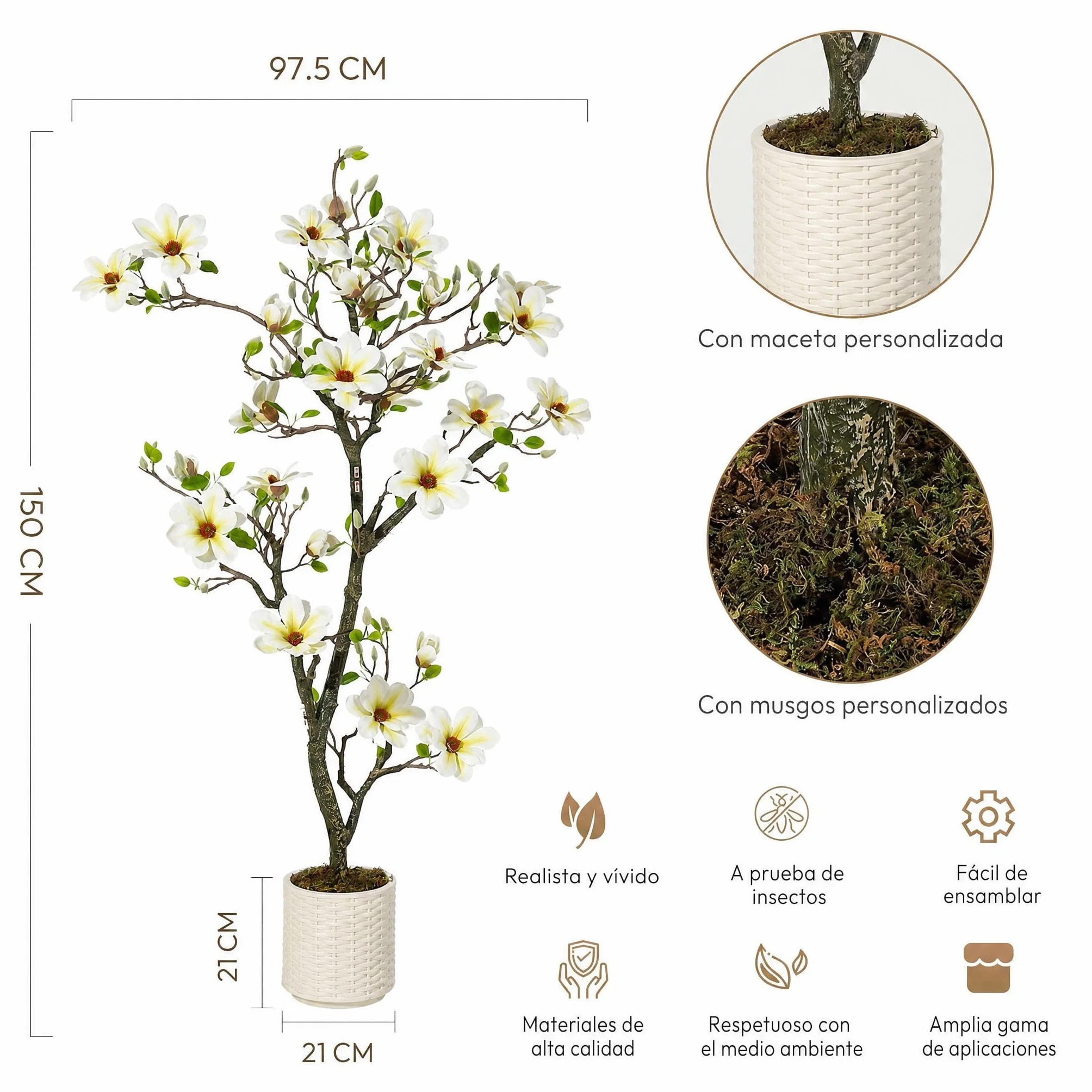 Garvee Árbol Artificial de Magnolia 150cm, con Maceta Blanca, Plantas Artificiales Decorativas para Interior, Salón, Patio, Hogar, Oficina, Porche o Vestíbulo de Hotel, 150cm