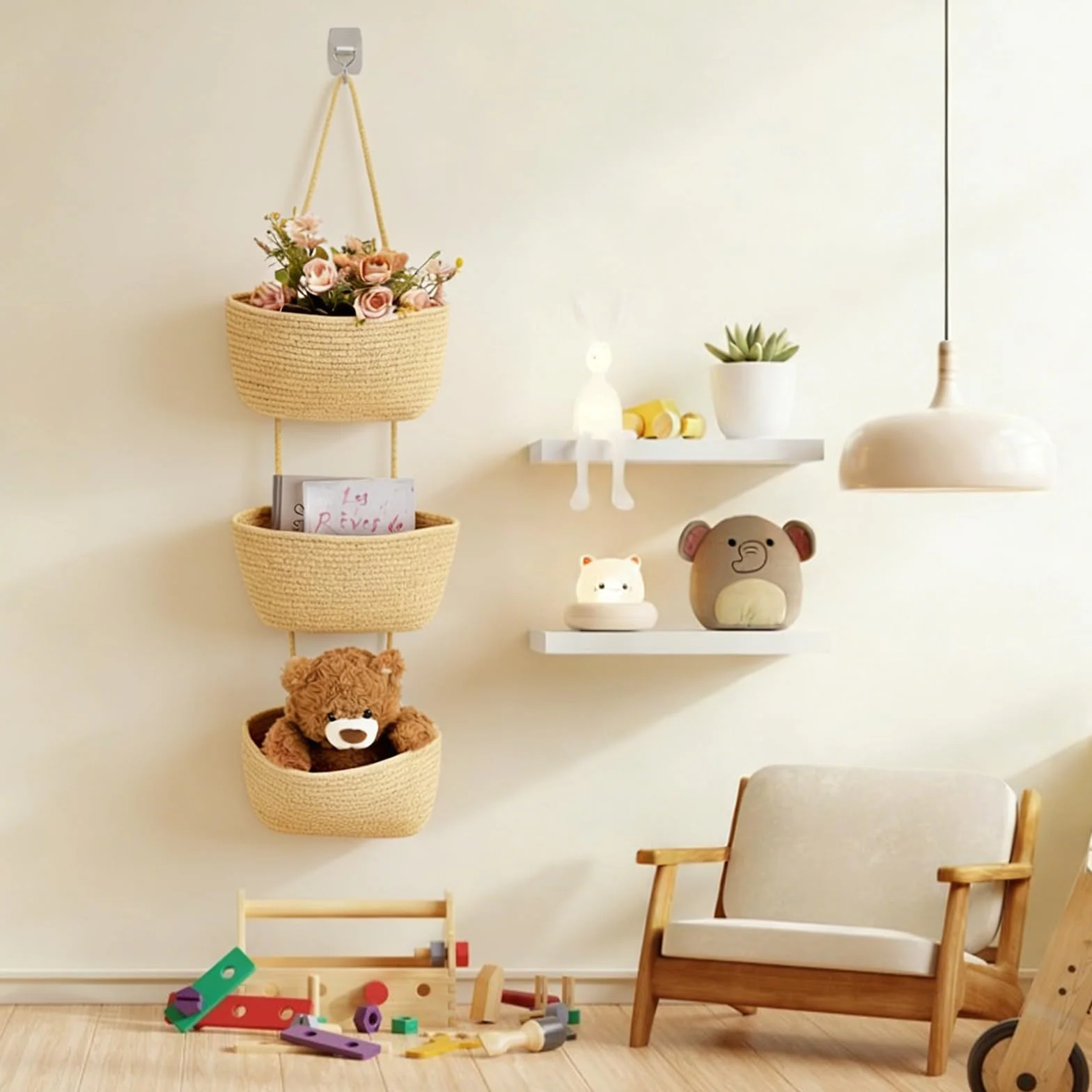 2 cestas colgantes de 3 niveles para colgar sobre la puerta, cesta de almacenamiento de pared de algodón tejido con ganchos, organizador decorativo para colgar en la pared para sala de