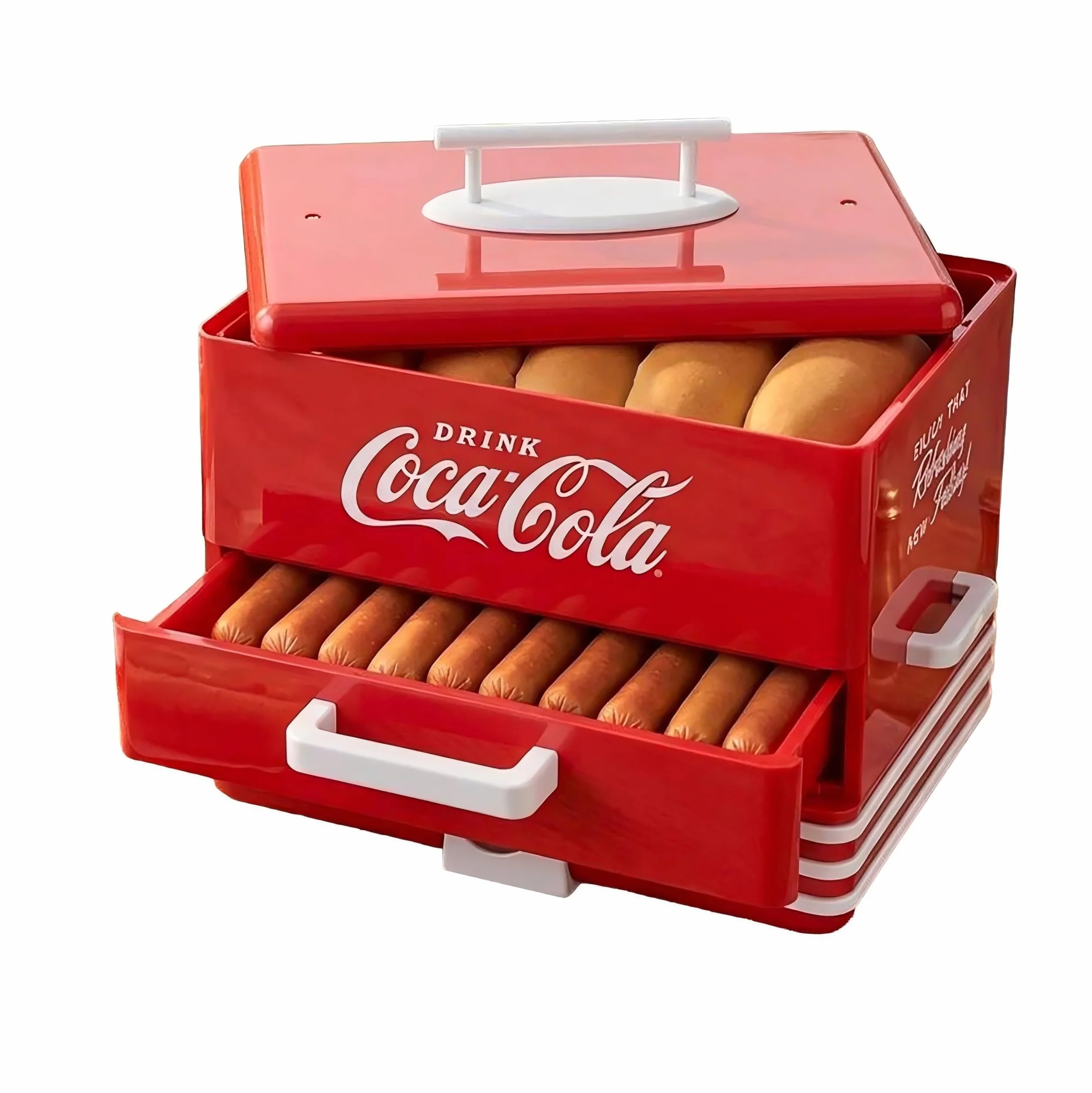 Salco Coca-Cola Hot Dog Maker - Vaporera y calentador de panecillos estilo comedor, 24 salchichas y capacidad para 12 panecillos, salchichas, verduras, pescado, albóndigas