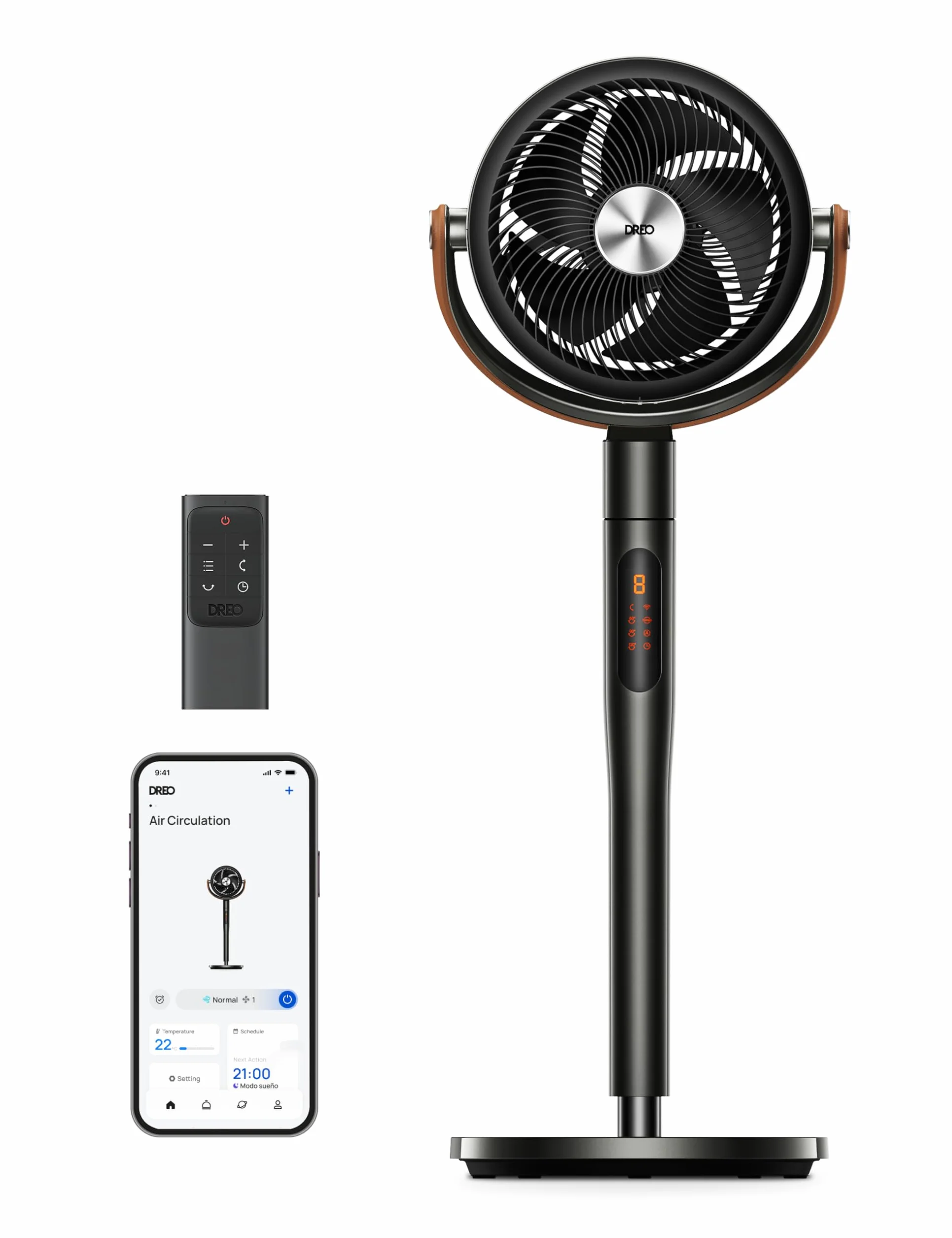 Dreo Smart Ventilador de Pie Silencioso 25dB, 30M de Viento, 1650m³/h Volumen de Aire, Turbo Circulador, Ventiladores Potentes con Mando, 6 Modos, 8 Velocidades, Oscilación Omnidireccional 120°+105°