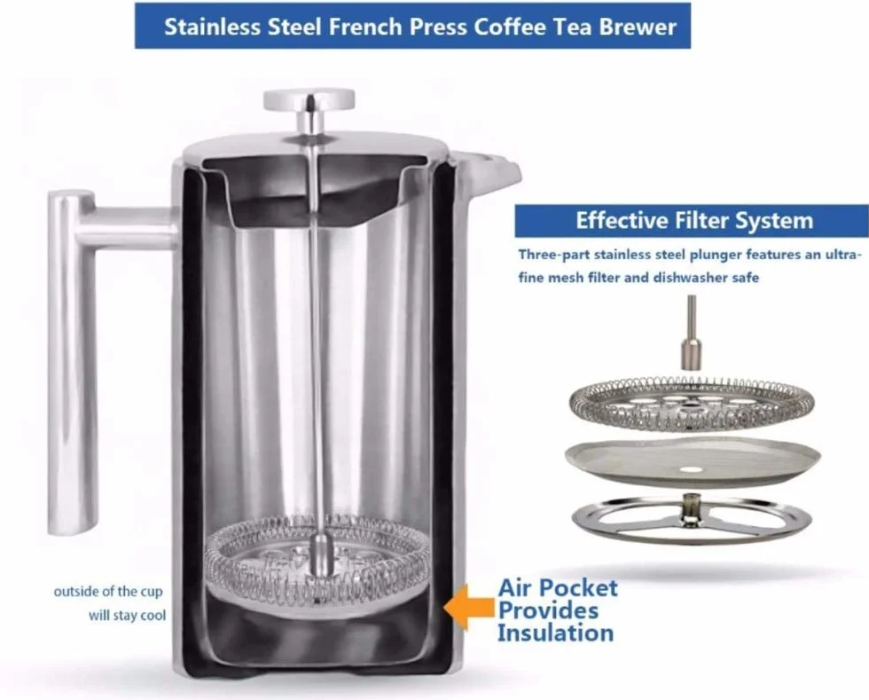 zaizai Termo de Acero Inoxidable 18/10 Resistente para café, Bebida, Prensa Francesa, cafetera de té de Doble Pared, 1000 ml