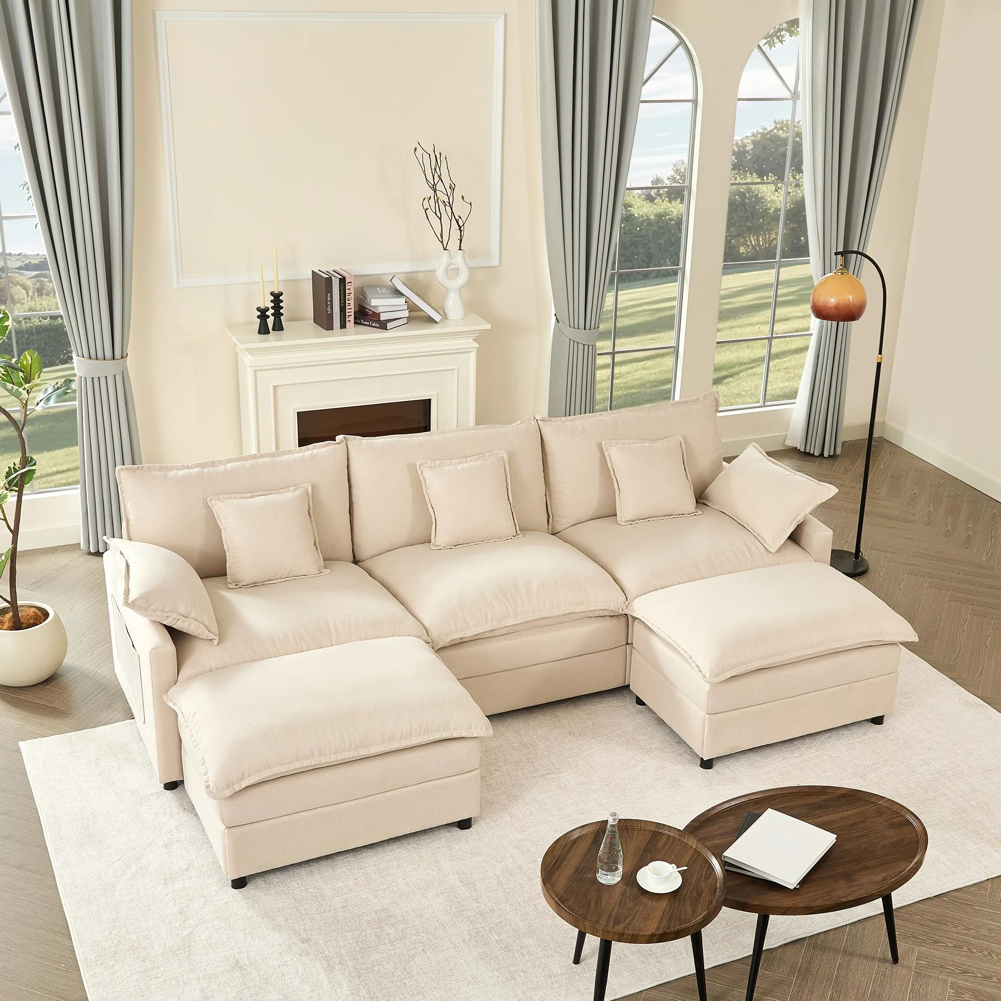 274 cm Sofá Modular en Forma de U,Set of sofá de Esquina de 3 plazas con Taburete, diseño de Asiento Profundo, sofá Nube para Sala de Estar (Blanco Roto)