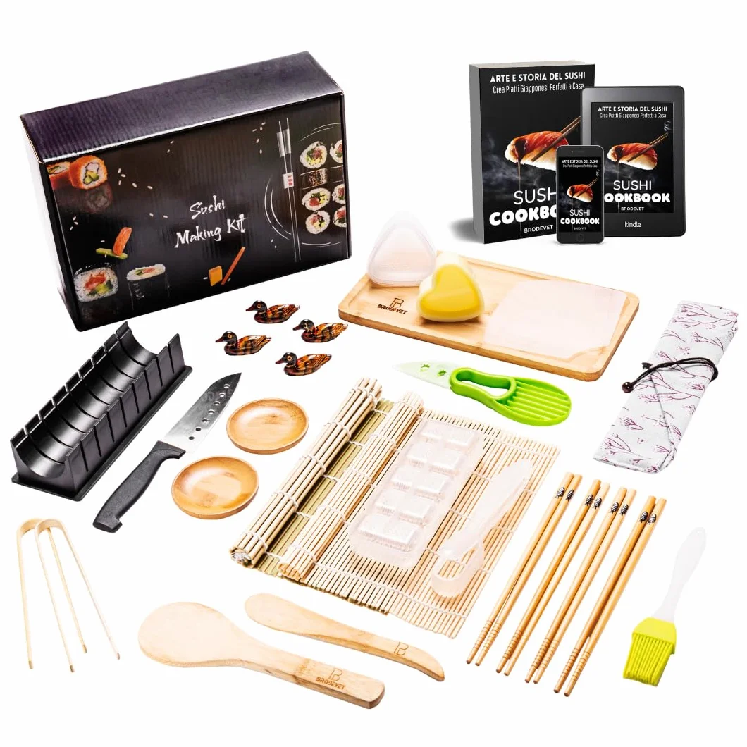 Kit Sushi 2025 – 29 Piezas con Guía Práctica, Recetario, Palillos Japoneses, Esterilla Sushi, Molde Onigiri, Arroz Sushi, Alga Nori para Sushi – Set Profesional DIY para Principiantes