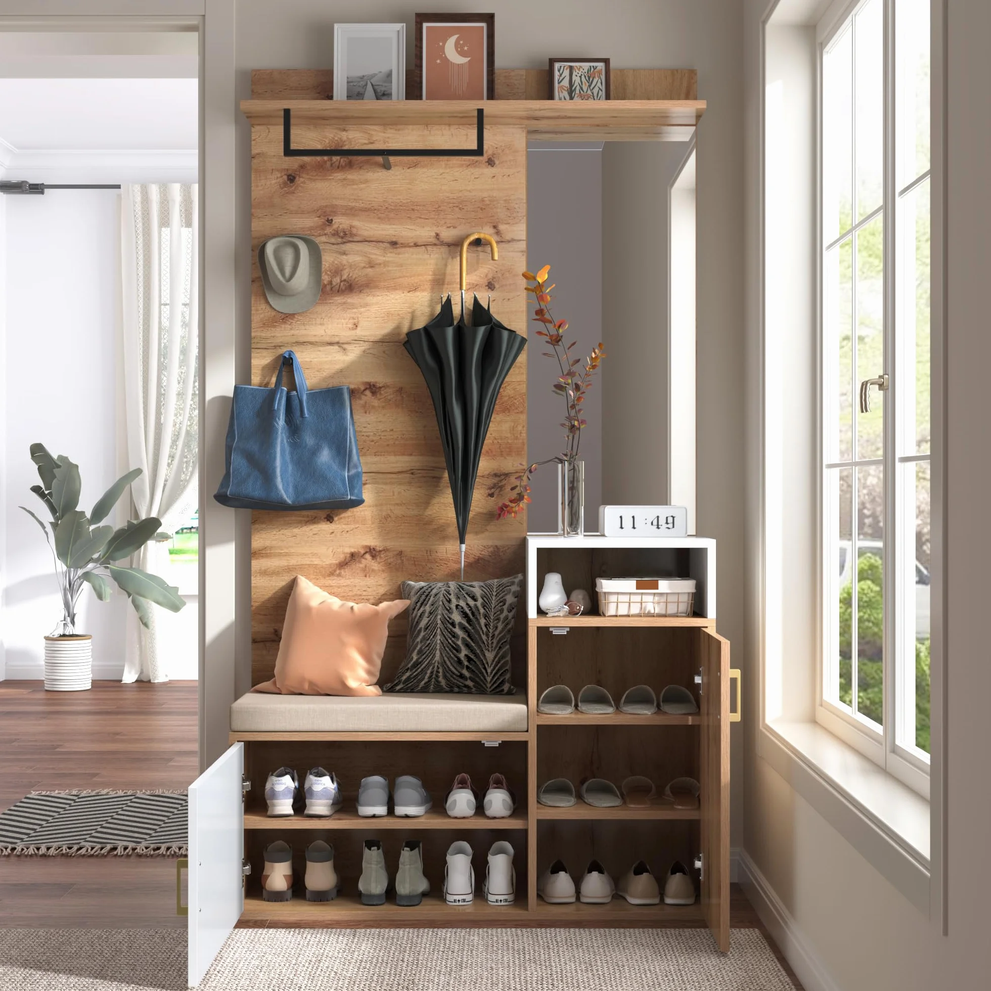 LAKFEW Juego de Perchero con Espejo, Perchero Zapatero con 4 Ganchos y 2 Puertas, Conjunto de Percheros Mueble Recibidor Entrada con Estante de Almacenamiento, 105x40x190.5 cm, Color Madera+Blanco