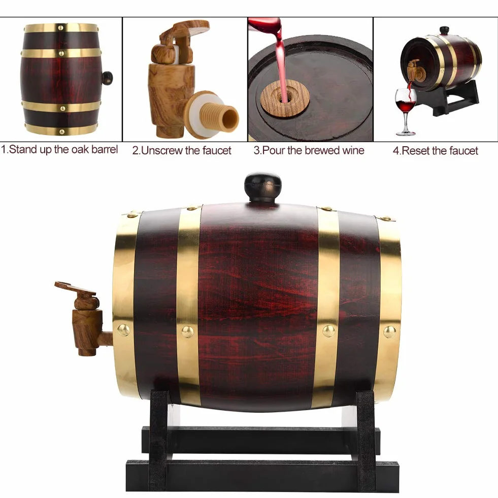 Barril de roble, 1,5 L, madera de roble envejecido, vino, licor, whisky, barril de almacenamiento con grifo para cerveza, whisky, ron puerto