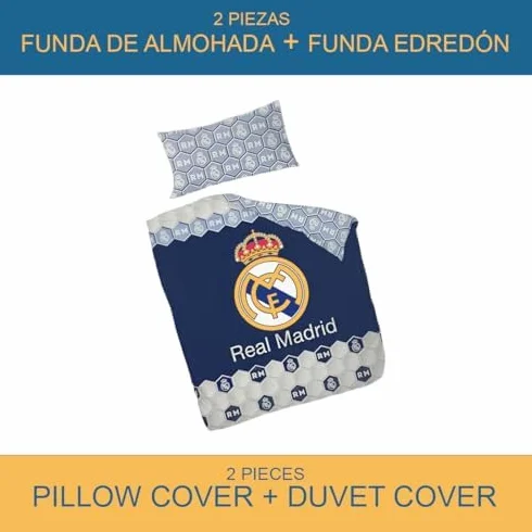 Juego de Cama del R. Madrid Equipo de Fútbol (1 Funda de Edredón + 1 Funda de Almohada), Oficial Fútbol Madrid, Regalo R. Madrid, 50% Algodón y 50% Poliester, (L,135CM)