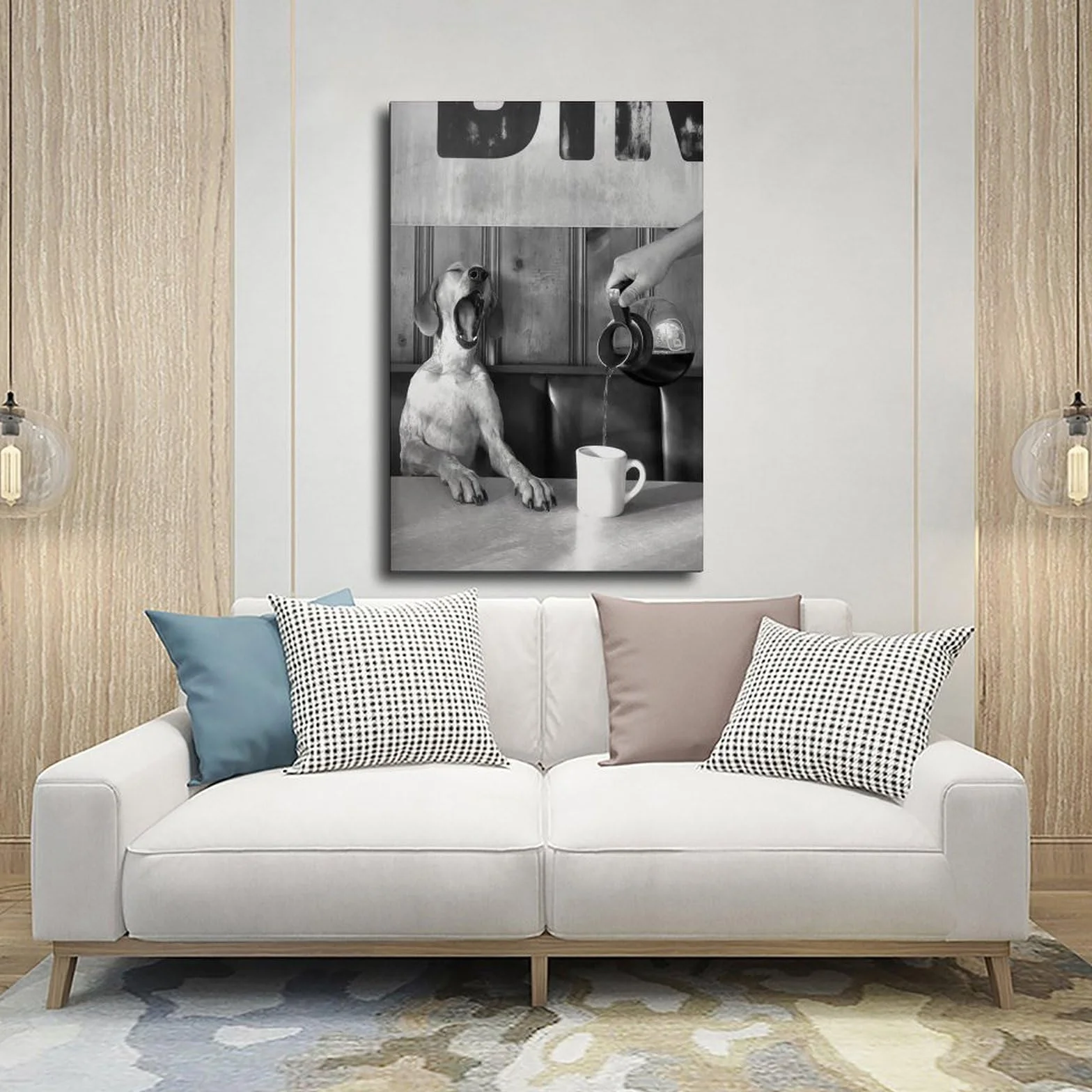 Póster de lienzo retro en blanco y negro con diseño de perro bebiendo café, decoración de dormitorio, paisaje, oficina, habitación, regalo, 40 x 60 cm