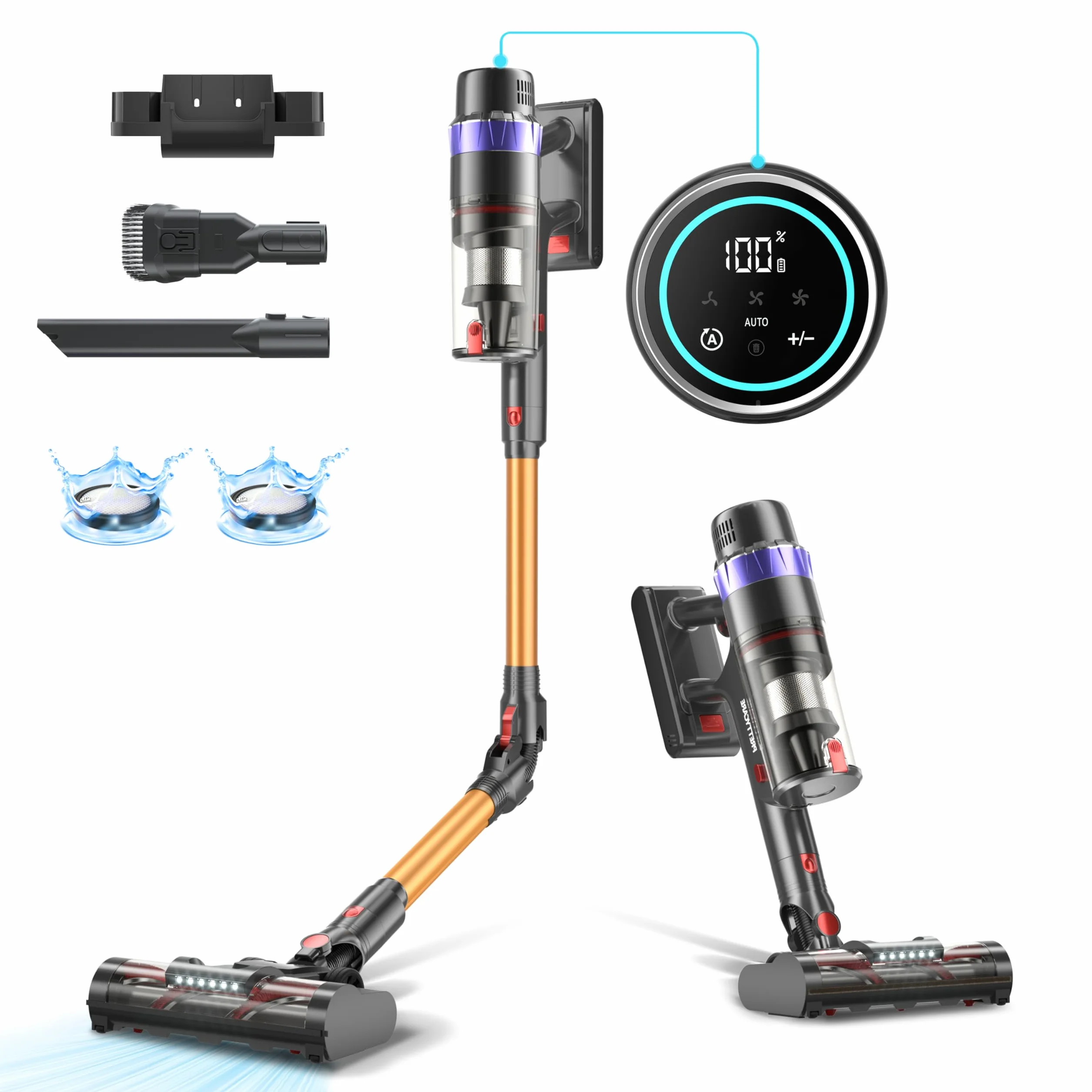 PRETTYCARE 45KPA/530W/60Mins Aspiradora sin Cable, Aspirador Escoba sin Cable Potente Modo Automático, Aspirador Inalámbrico Antienredo para Suelo/Alfombra/Pelos de Animales V3,2025 Actualización