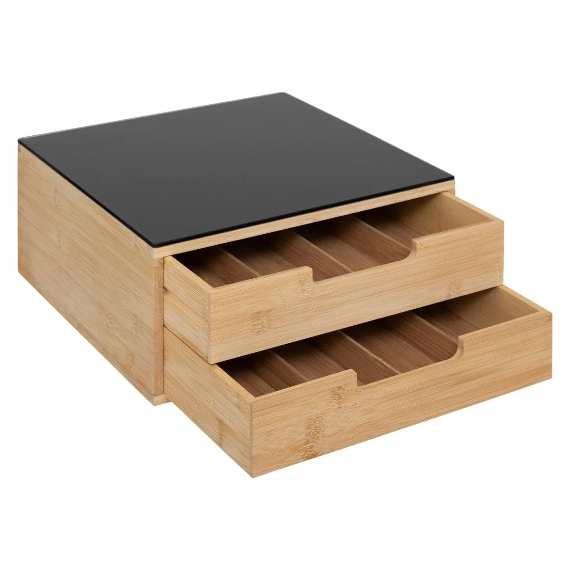 Soporte para cápsulas de bambú negro 30x30x14,5 cm 2 cajones divisores ajustables