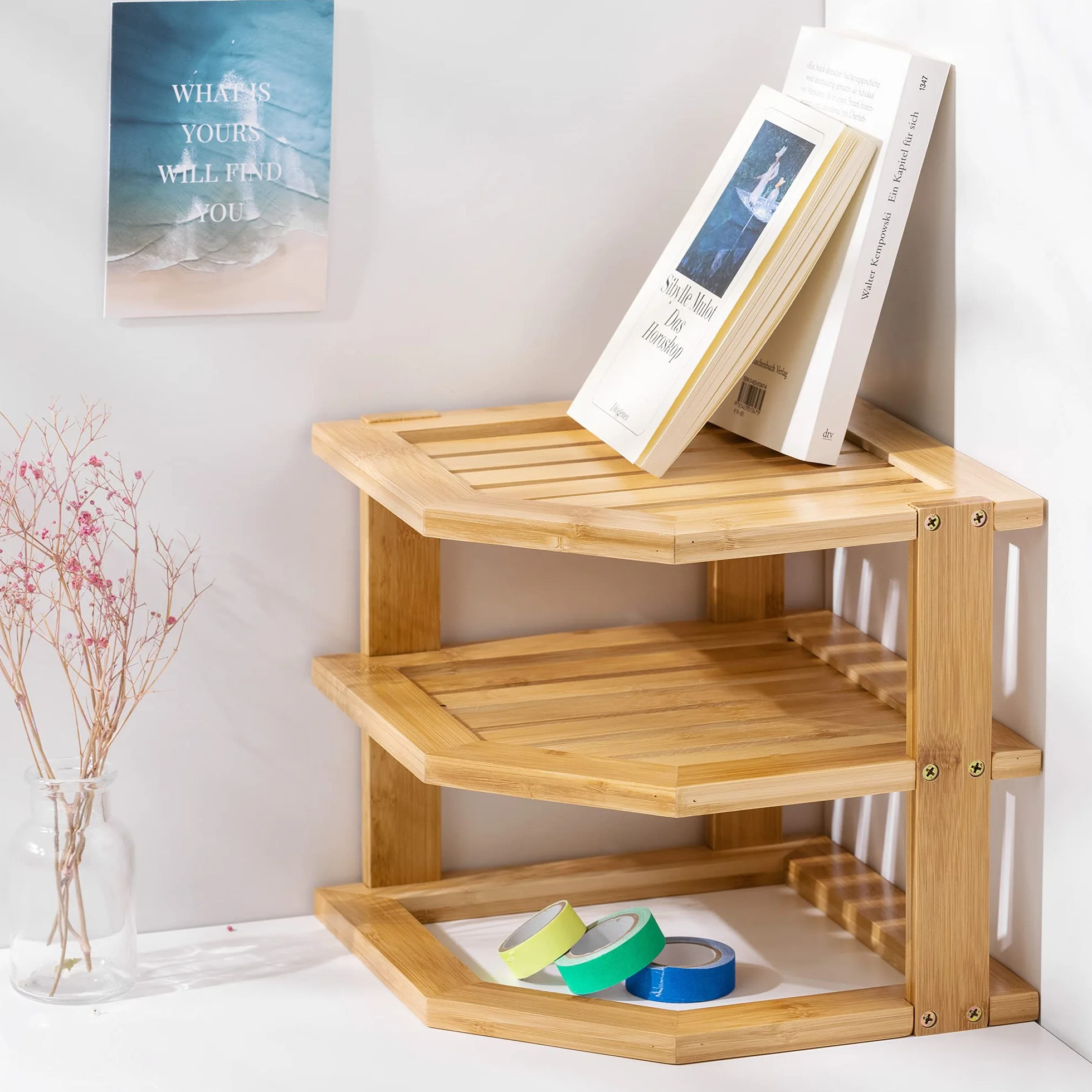 Navaris Estante esquinero de bambú - Estantería para Esquina de 25.5 x 25.5 x 24 CM - Mueble rinconero con 3 Niveles para baño Cocina Dormitorio