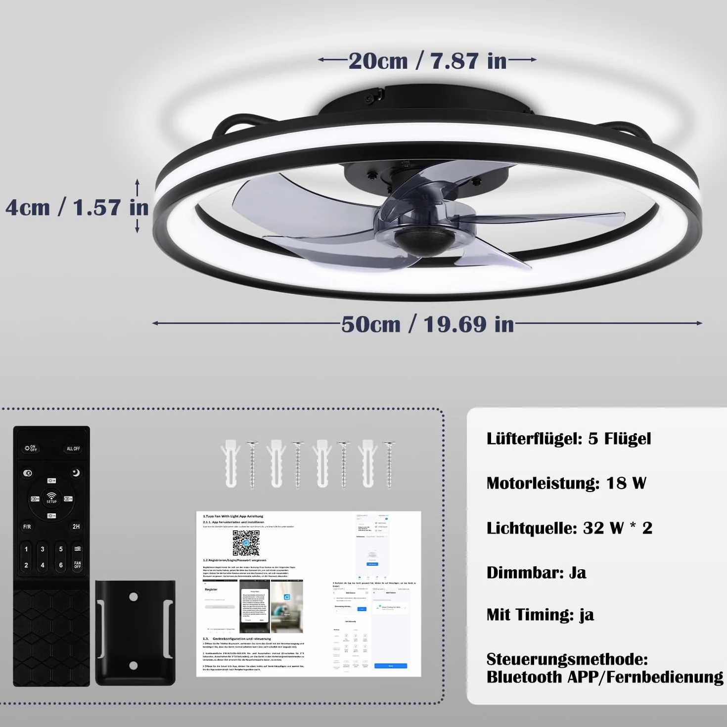 2 ventiladores de techo con iluminación y mando a distancia, diámetro de 48 cm, lámpara de techo con ventilador regulable, 3 temperaturas de color y 6 niveles, función verano/invierno, con