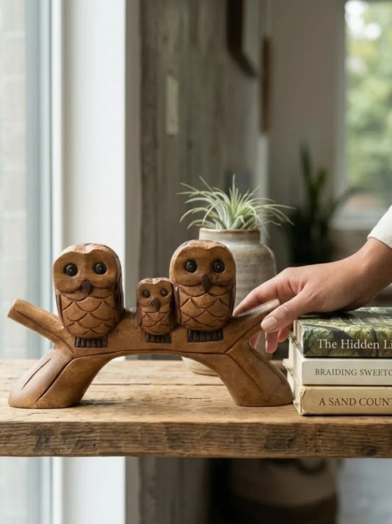 Kinaree Familia de búhos de madera en AST – tallado a mano, aprox. 36 cm de ancho, búhos decorativos de una sola pieza, regalo para la familia
