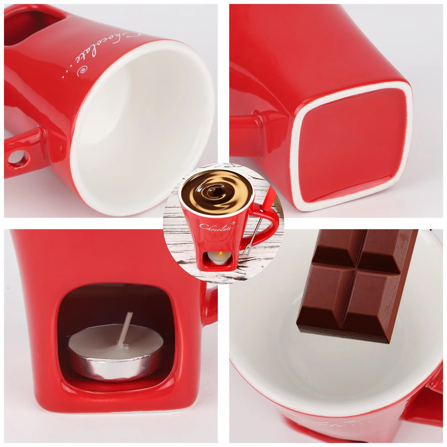 Juego Tazas para Fondue de Chocolate, Cerámica Mini Olla Fondue con Tenedor y Calentador de Velas, Rojo