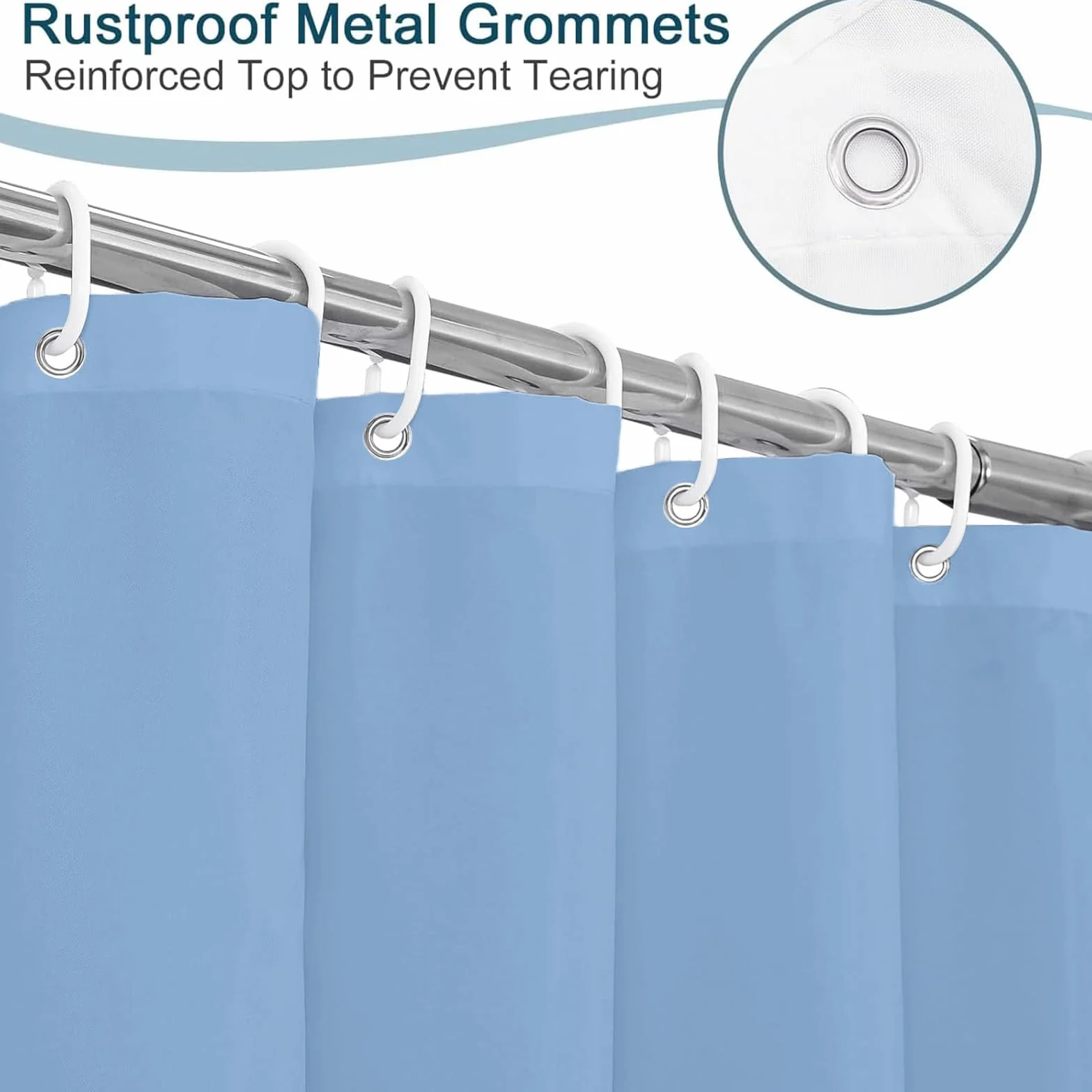 Cortina de Ducha de Tela 260 x 190 cm Cortina de Ducha Resistente Al Moho - Antimoho, Impermeable, Lavable, de Poliéster con Ojales y Anillos, para Baño, Bañera, Azul Claro