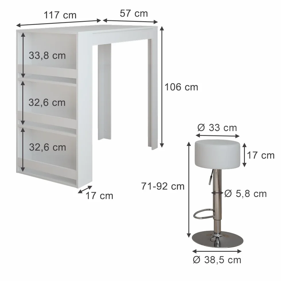 Vicco Juego de Mesa de Bar Repose, Blanco, 57 x 117 cm, 2 Taburetes, Mesa Alta Cocina Comedor