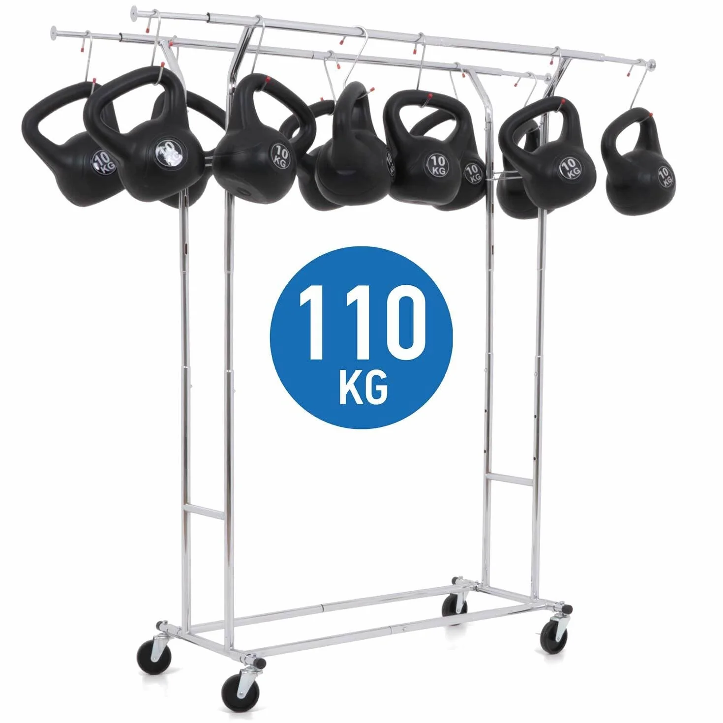 Tatkraft Denver - Burro Ropa, Doble, Burro Ropa Resistente, 110 kg Capacidad, Montaje Fácil - 1 min, Perchero Robusto, con Ruedas, Acero Cromado