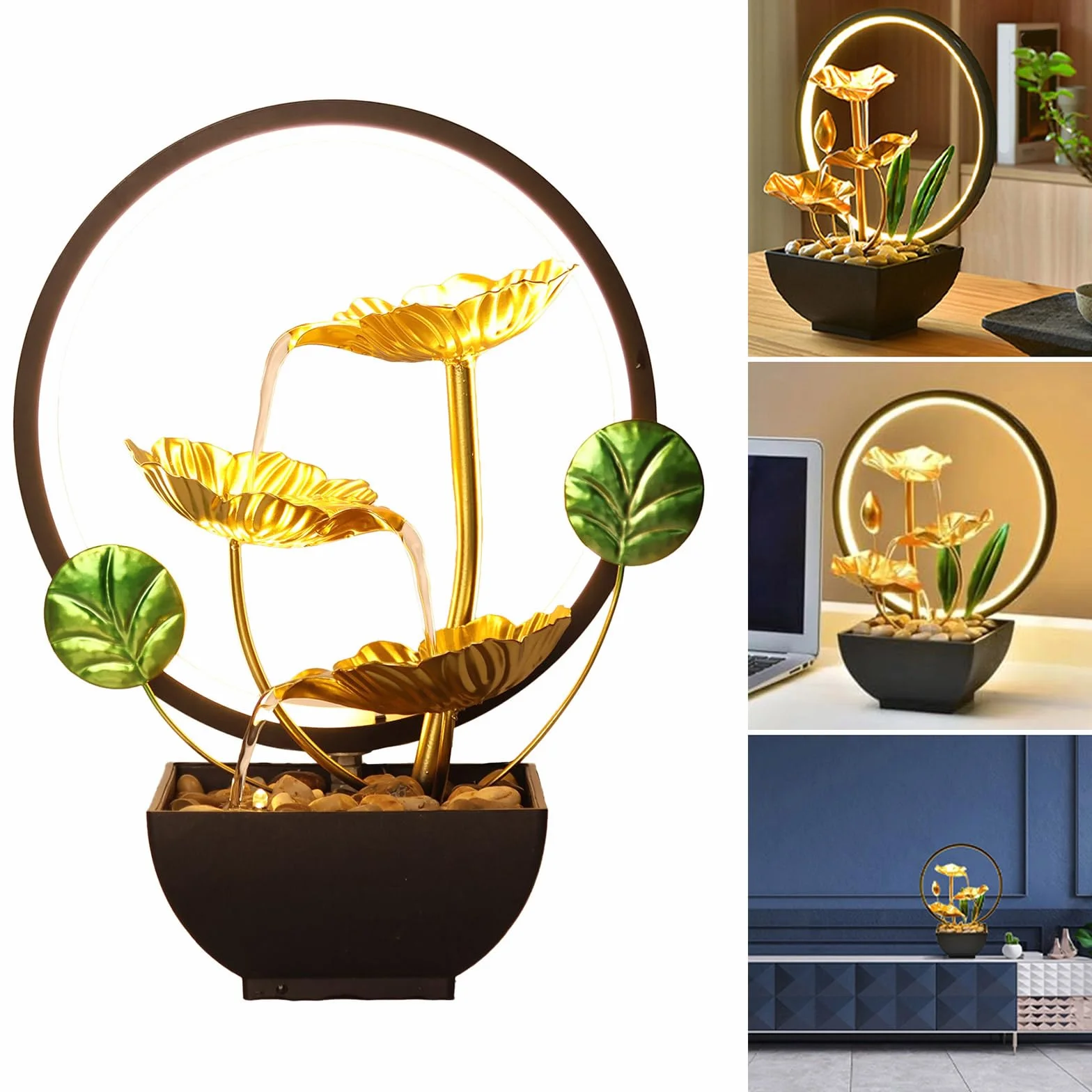 Fuente de cascada para interiores de 3 niveles con luz LED y piedras para calmar la decoración del hogar y la oficina, regalo de Año Nuevo, fuente pequeña para interiores