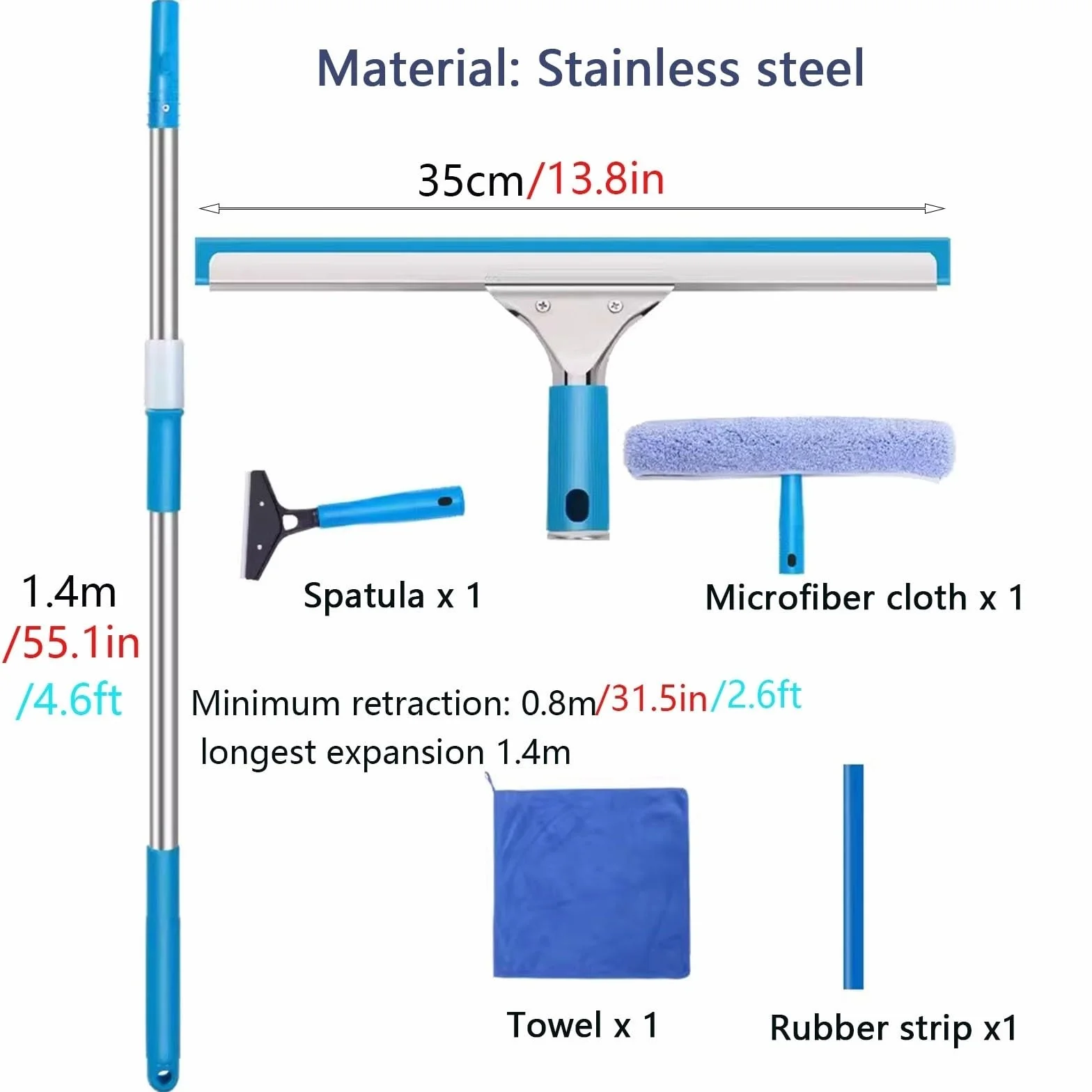 Limpiacristales Limpiador de Ventanas Barra telescópica para limpieza de ventanas, 1.4 2.4 3.9 4.6M de largo Kit de limpieza de ventanas con combo fregador y rascador elástico, para casa/coche Limpiap