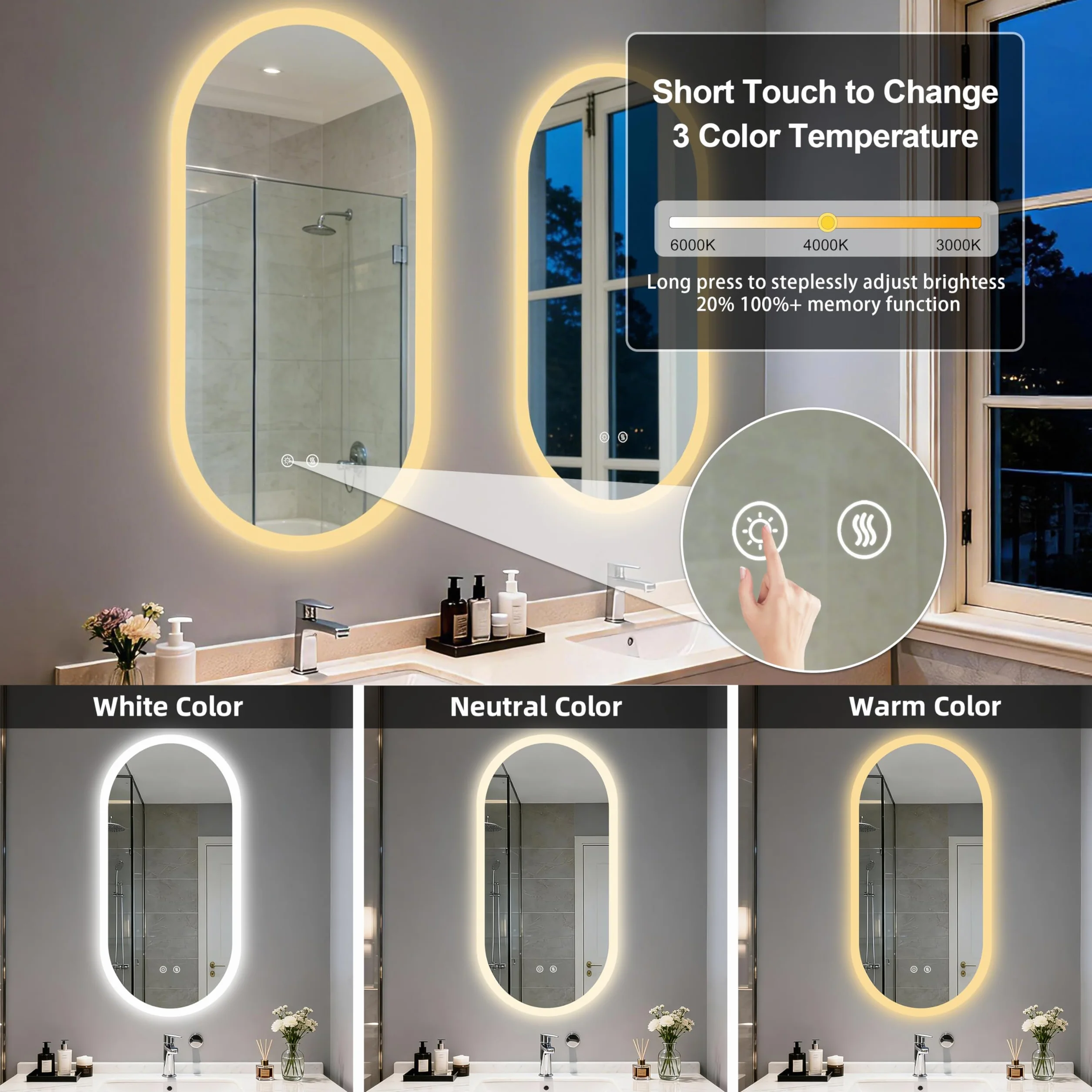LUVODI Espejo Baño con Luz Led Ovalado 100 x 50 cm Espejos de Baño Antivaho con Luz Retroiluminado Regulable Espejo Moderno Inteligente con 2 Interruptor Tactil Función de Memoria y Impermeable IP66