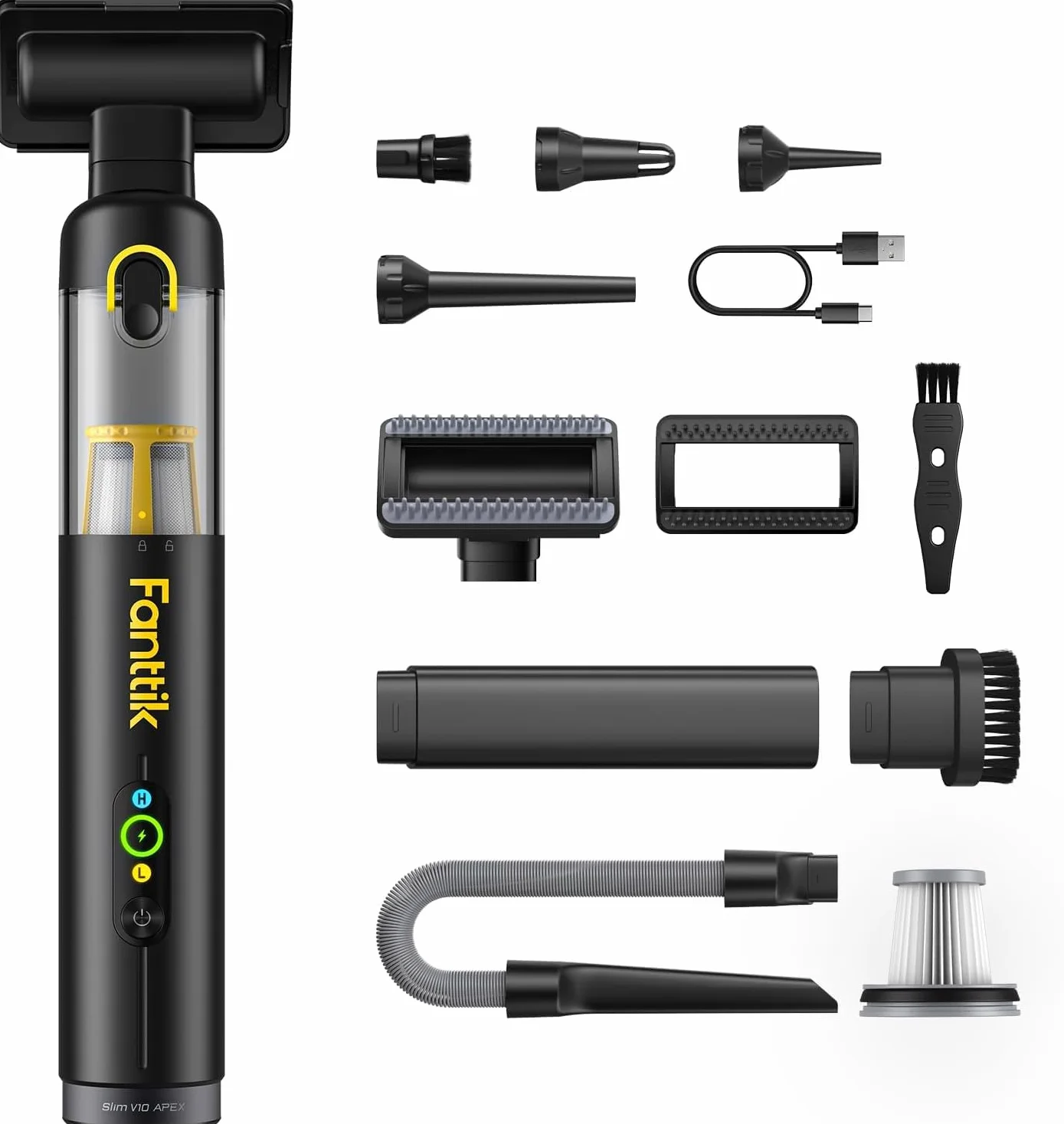 Fanttik Slim V10 APEX Aspirador Inalámbrico 4-en-1 para Coche y Portátil Mini, 19 kPa de Potencia de Succión, Pantalla Digital Inteligente, 2 Modos de Succión para Pequeñas Tareas de Limpieza, Coche