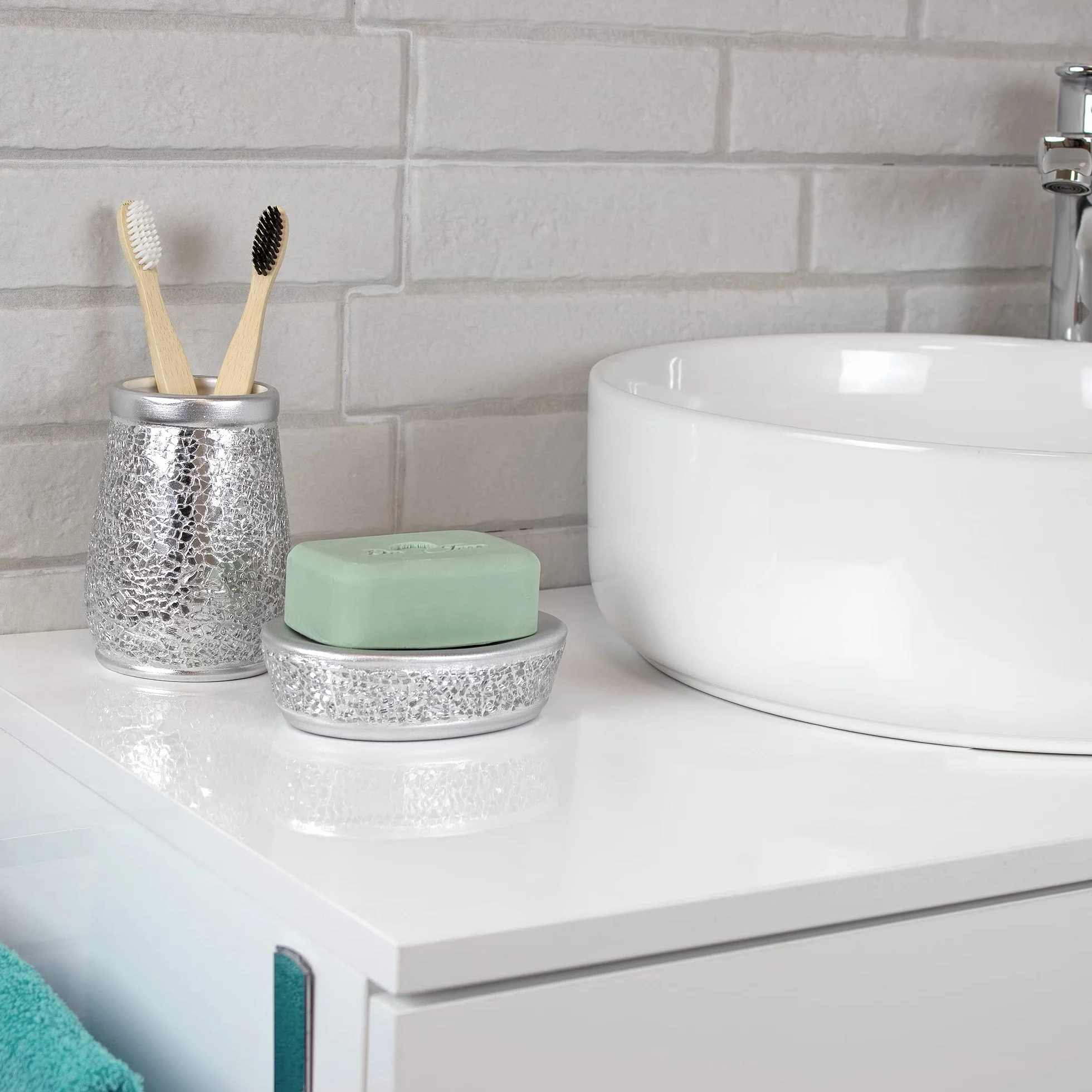 Vaso Cepillo Dientes Baño Serie Trencadis Plata Resina Cristal 8 cm x 12 cm