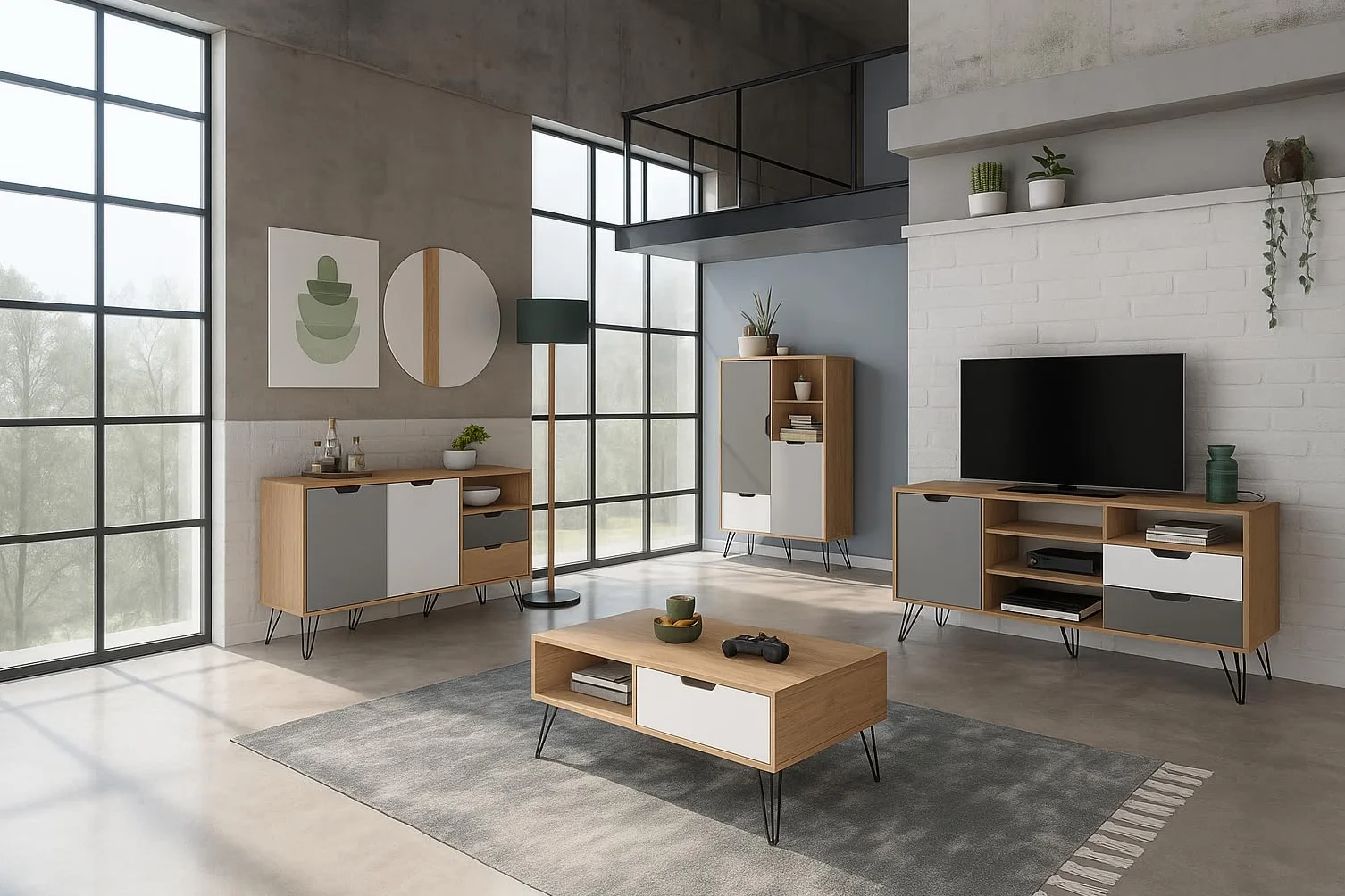 MOMMA HOME Conjunto Completo de Salon y Comedor, Modelo Estocolmo, Acabado Roble, Blanco y Gris, Aparador + Mueble TV + Mesa de Centro + Aparador Alto Botellero
