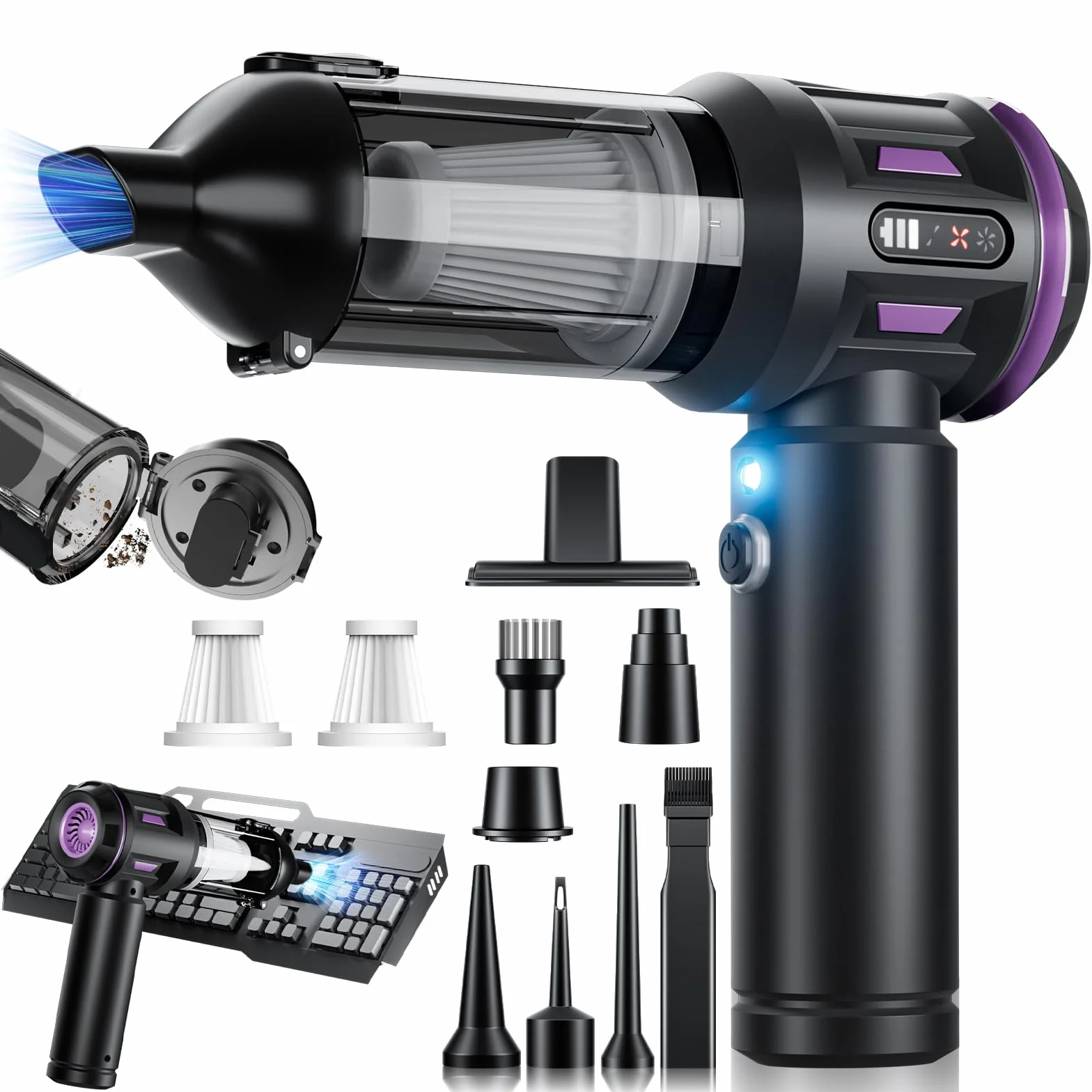 Aspirador de mano con batería para aspiradora de mano con pantalla digital e iluminación LED, 21000 Pa sin escobillas Motor Aspirador Coche Aspiradora de 3 etapas Mini Aspiradora Adecuado para