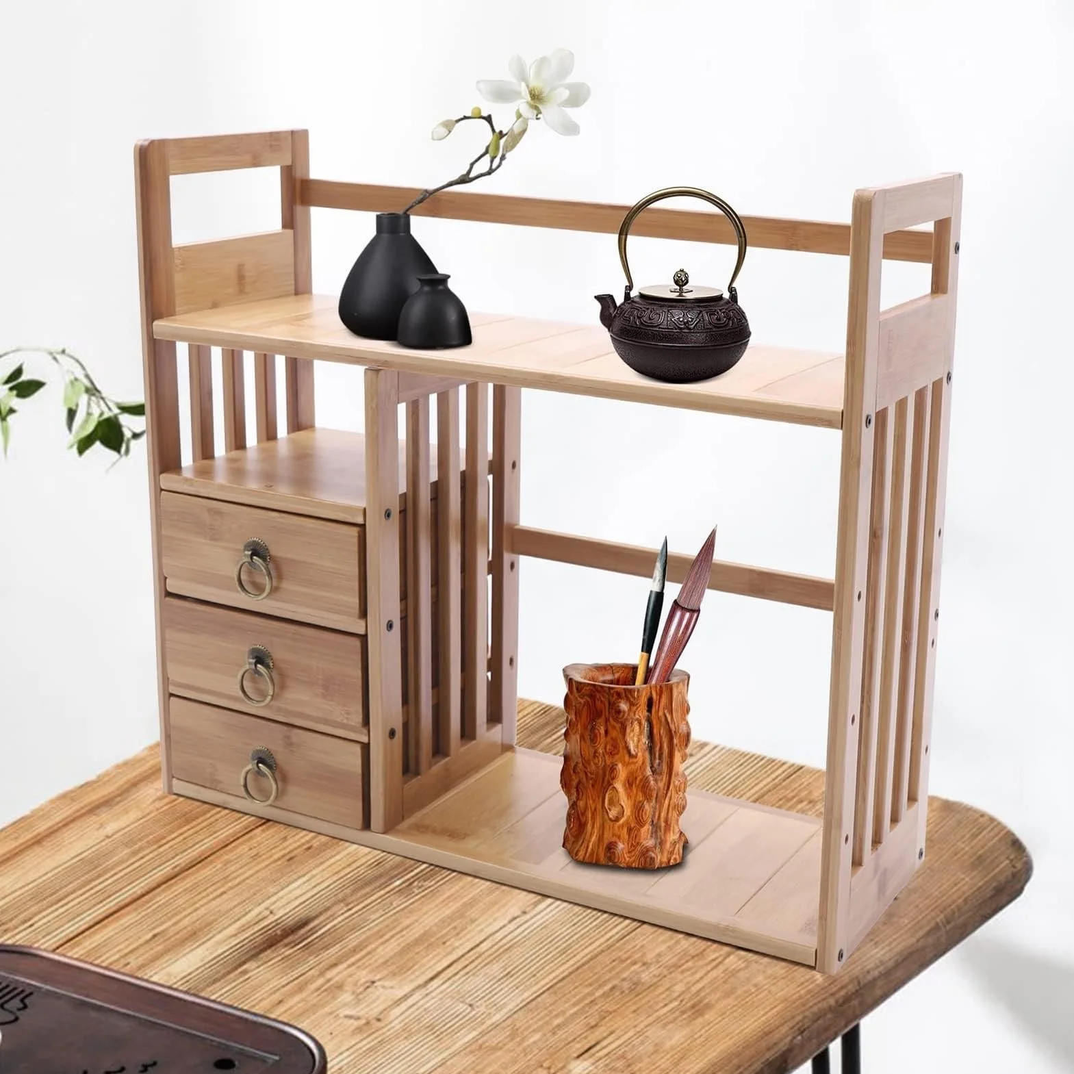 Estante Librería De Sobremesa - Estantería Pequeña De Sobremesa, Con Estantería De Mesa De Bambú De 3 Cajones, Estante De Exhibición De Almacenamiento De Juego De Té Para Sala De Estar